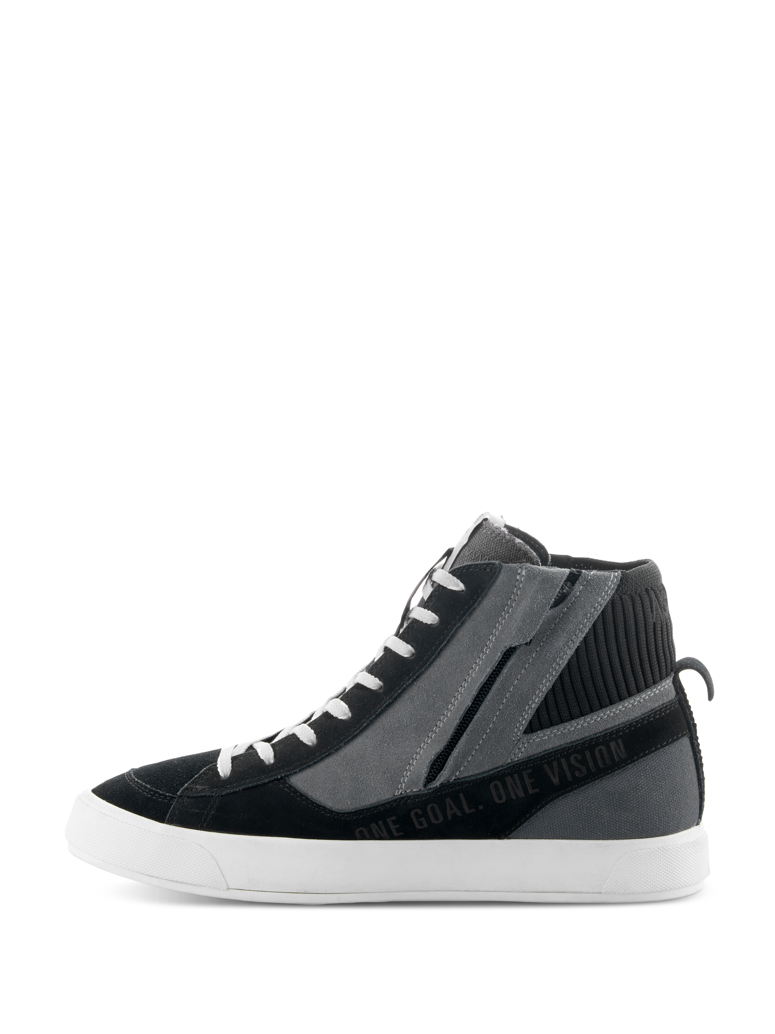 Alpinestars Stated-sko, sorte, grå og hvide urbane motorcykelsko, sideprofil med high-top sneaker-design, sidelynlås, hvid vulkaniseret sål, 'ONE GOAL. ONE VISION'-tekst