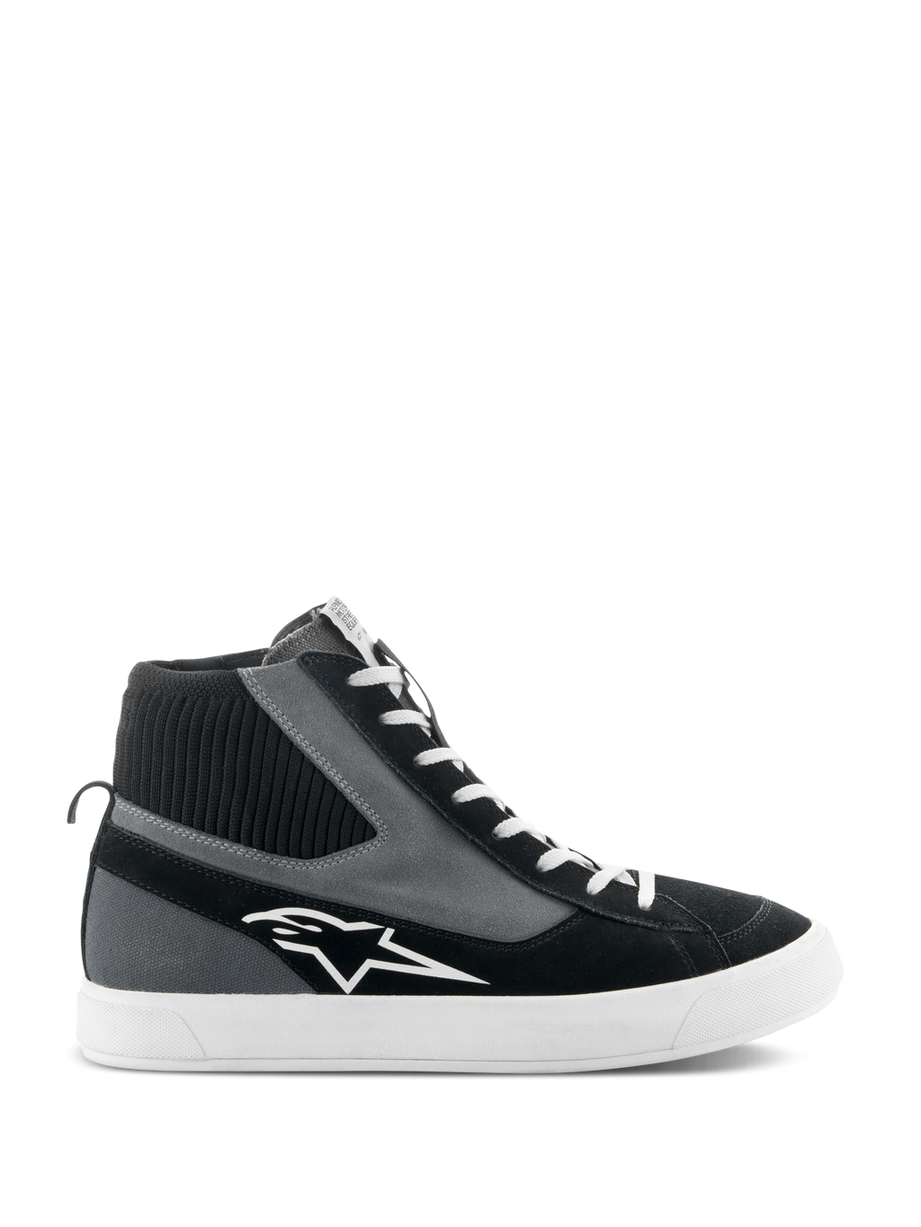 Alpinestars Stated Shoes, høje motorcykelsko, sort, grå og hvid, med hvidt stjernelogo, hvid vulkaniseret gummisål, ribstrikket ankelkrave og hvide snørebånd, urban street-stil