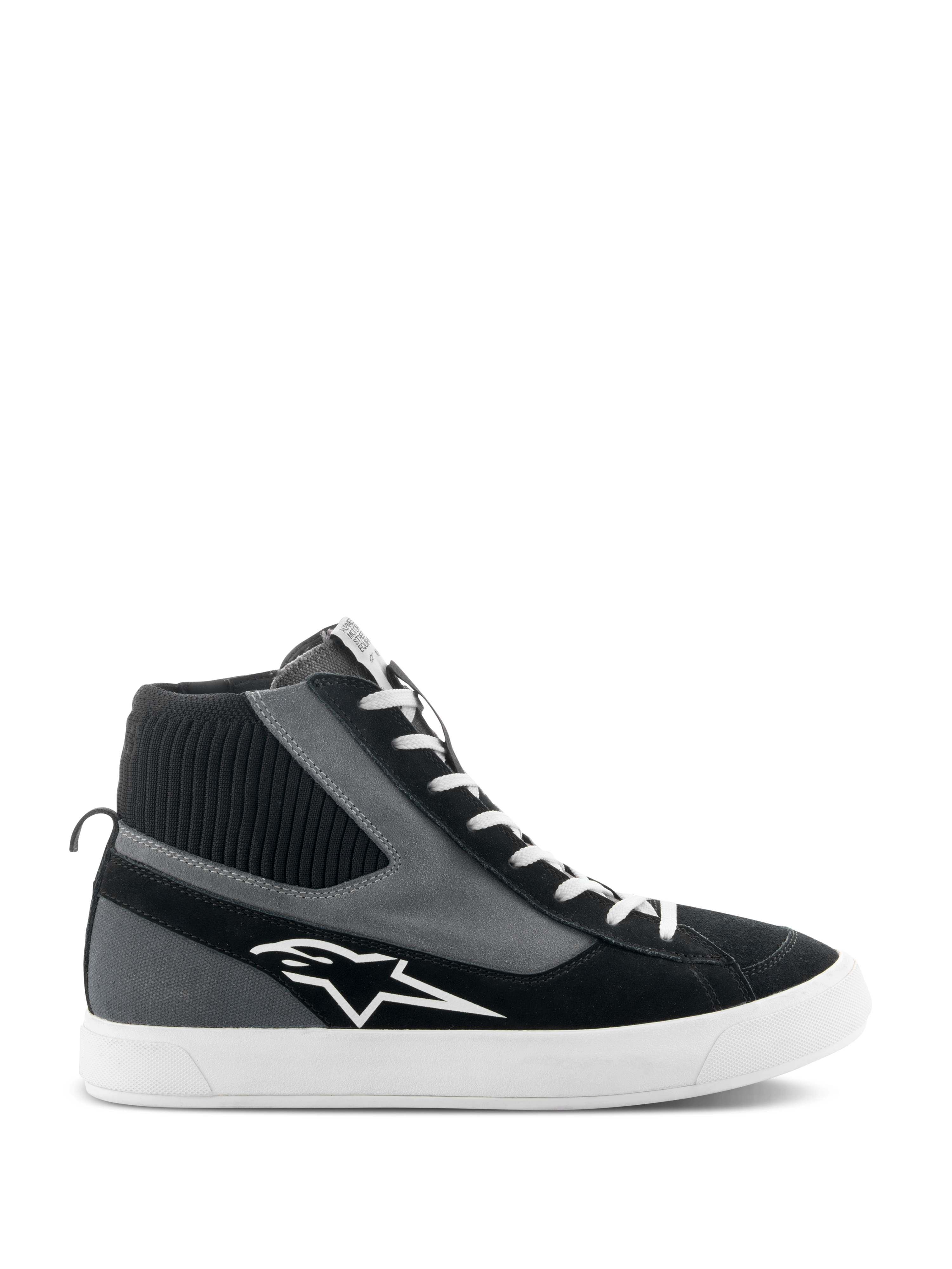 Alpinestars Stated Shoes, høje motorcykelsko, sort, grå og hvid, med hvidt stjernelogo, hvid vulkaniseret gummisål, ribstrikket ankelkrave og hvide snørebånd, urban street-stil