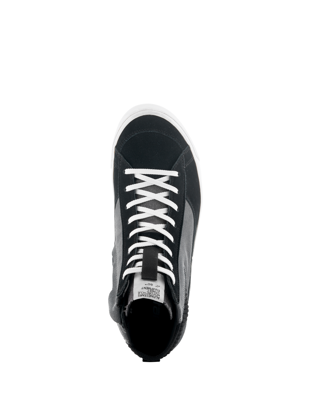 Alpinestars Stated sko, set oppefra af sort, grå og hvid motorcykel-sneaker, med hvide snørebånd, overdel i split ruskind og canvas, hvid vulkaniseret sål, urbant kørefodtøj