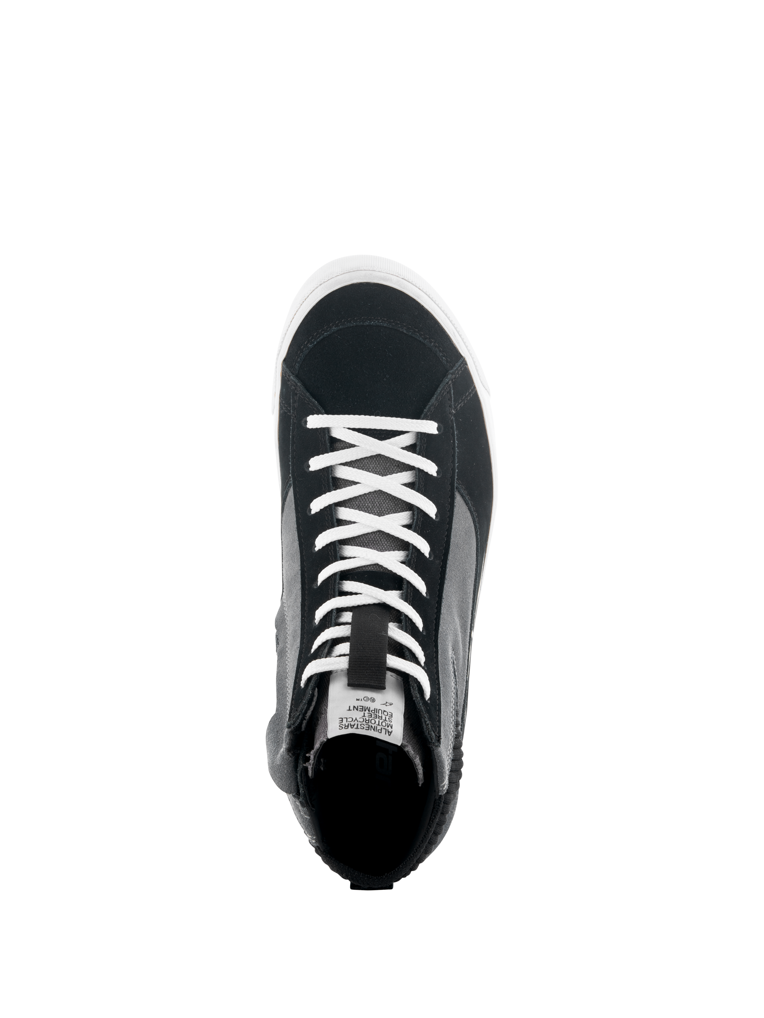 Alpinestars Stated sko, set oppefra af sort, grå og hvid motorcykel-sneaker, med hvide snørebånd, overdel i split ruskind og canvas, hvid vulkaniseret sål, urbant kørefodtøj