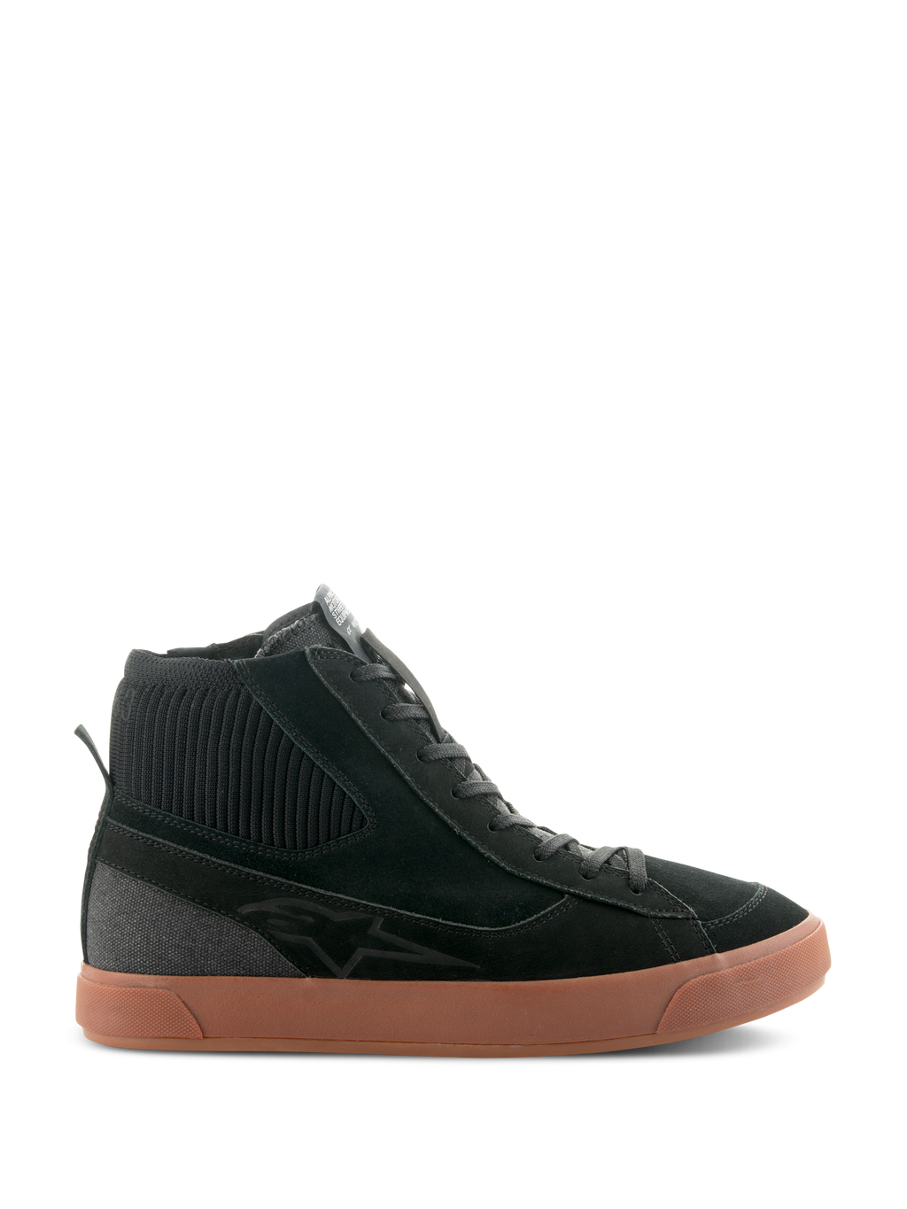 Alpinestars Stated Shoes, sort højhalset motorcykelsneaker med brun gummisål, overdel i ruskind og lærred med ribstrikket ankelkrave, retro skate-inspireret streetwear-design