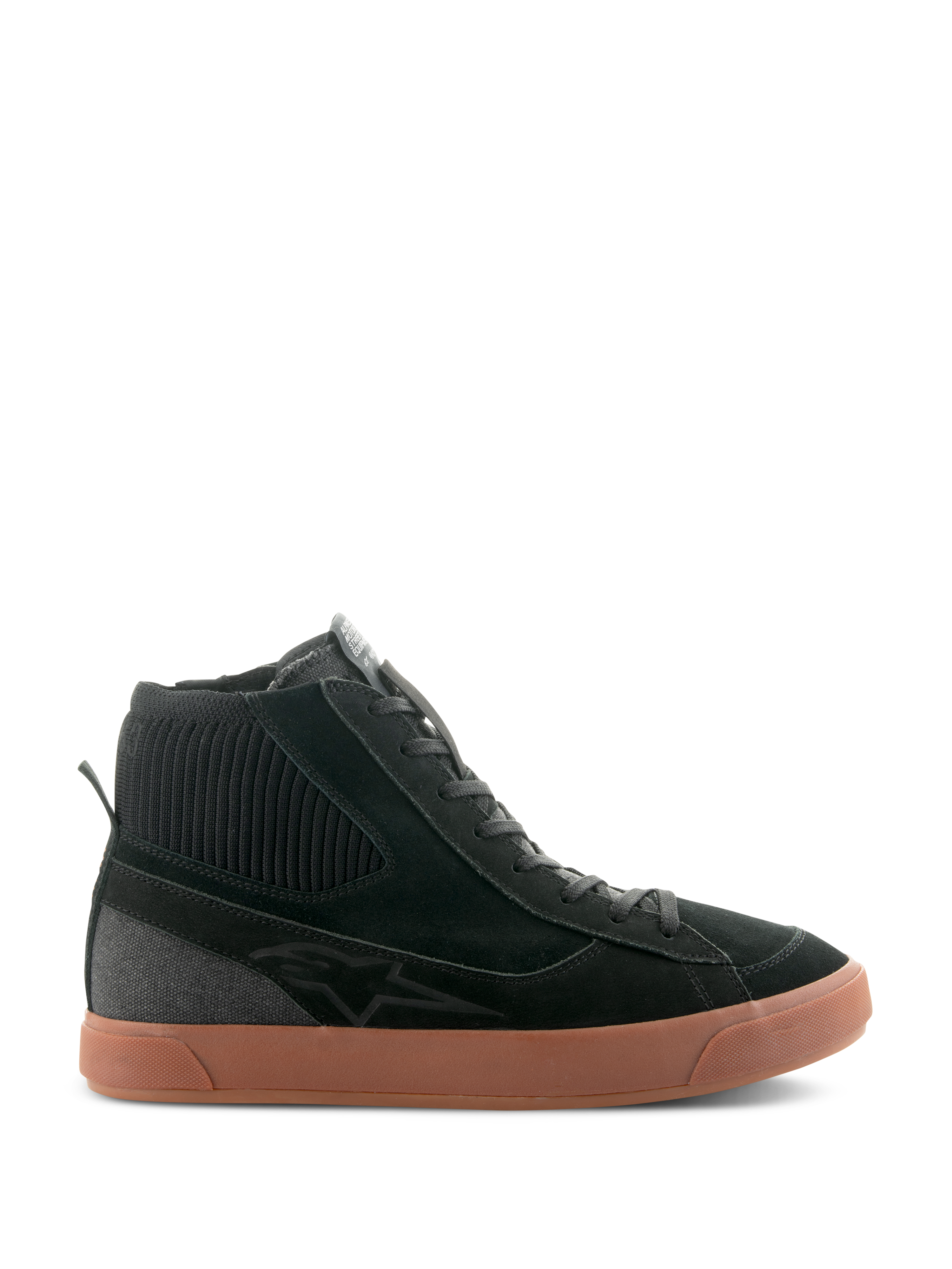 Alpinestars Stated Shoes, sort højhalset motorcykelsneaker med brun gummisål, overdel i ruskind og lærred med ribstrikket ankelkrave, retro skate-inspireret streetwear-design
