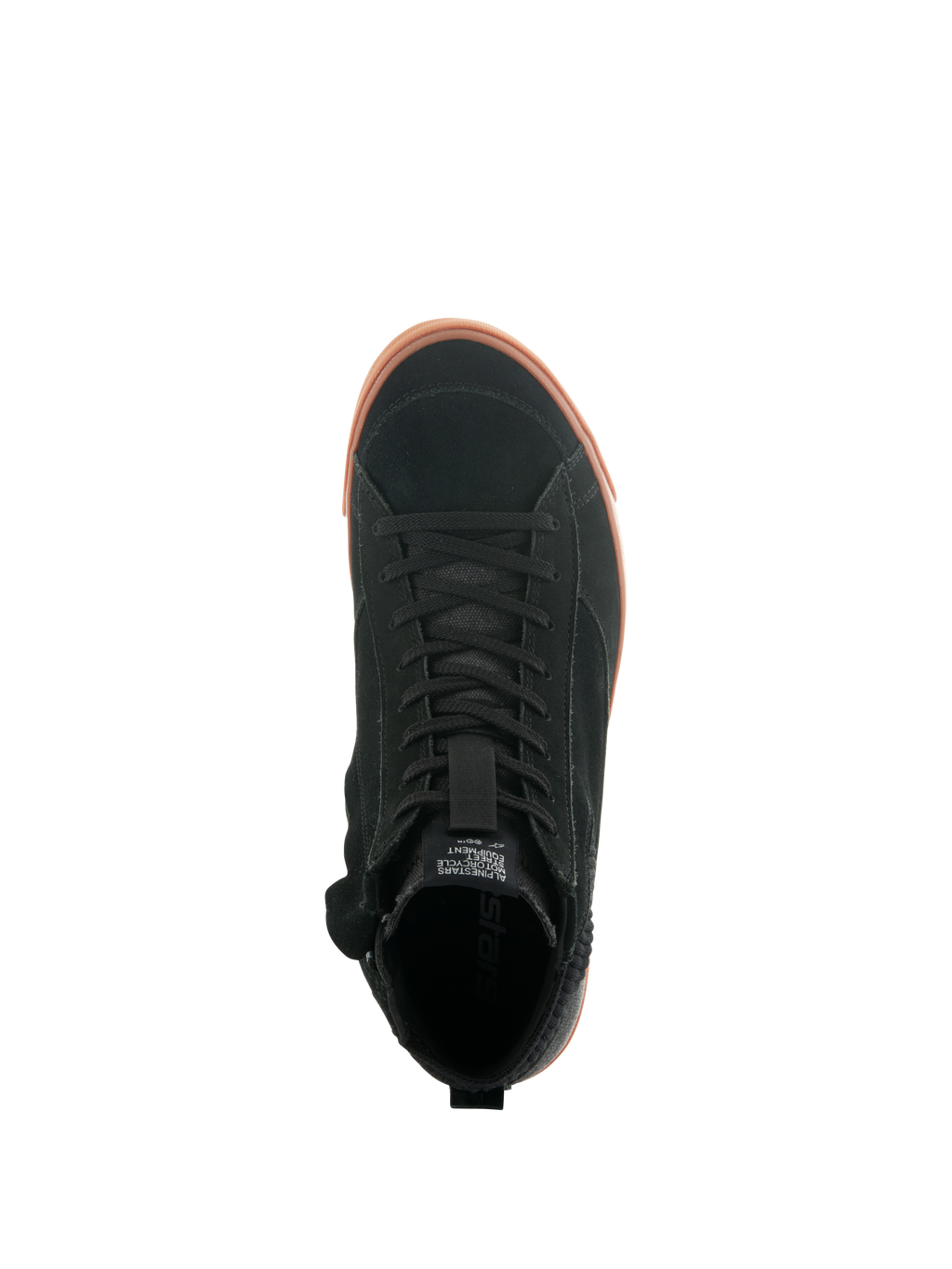 Alpinestars Stated sko, urban motorcykelsko set oppefra, sort overdel i ruskind med gummifarvet vulkaniseret sål, minimalistisk skate-inspireret design, klassiske snørebånd og gadesneaker-stil