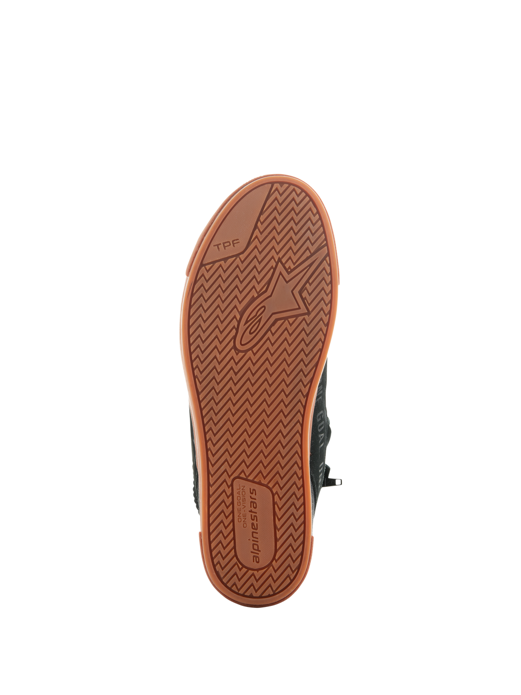 Alpinestars Stated sko, Black Gum, set nedefra af den vulkaniserede gummisål med sildebensmønster, Alpinestars-logo og TPF (Transversal Protection Frame) branding, urbant motorcykelfodtøj
