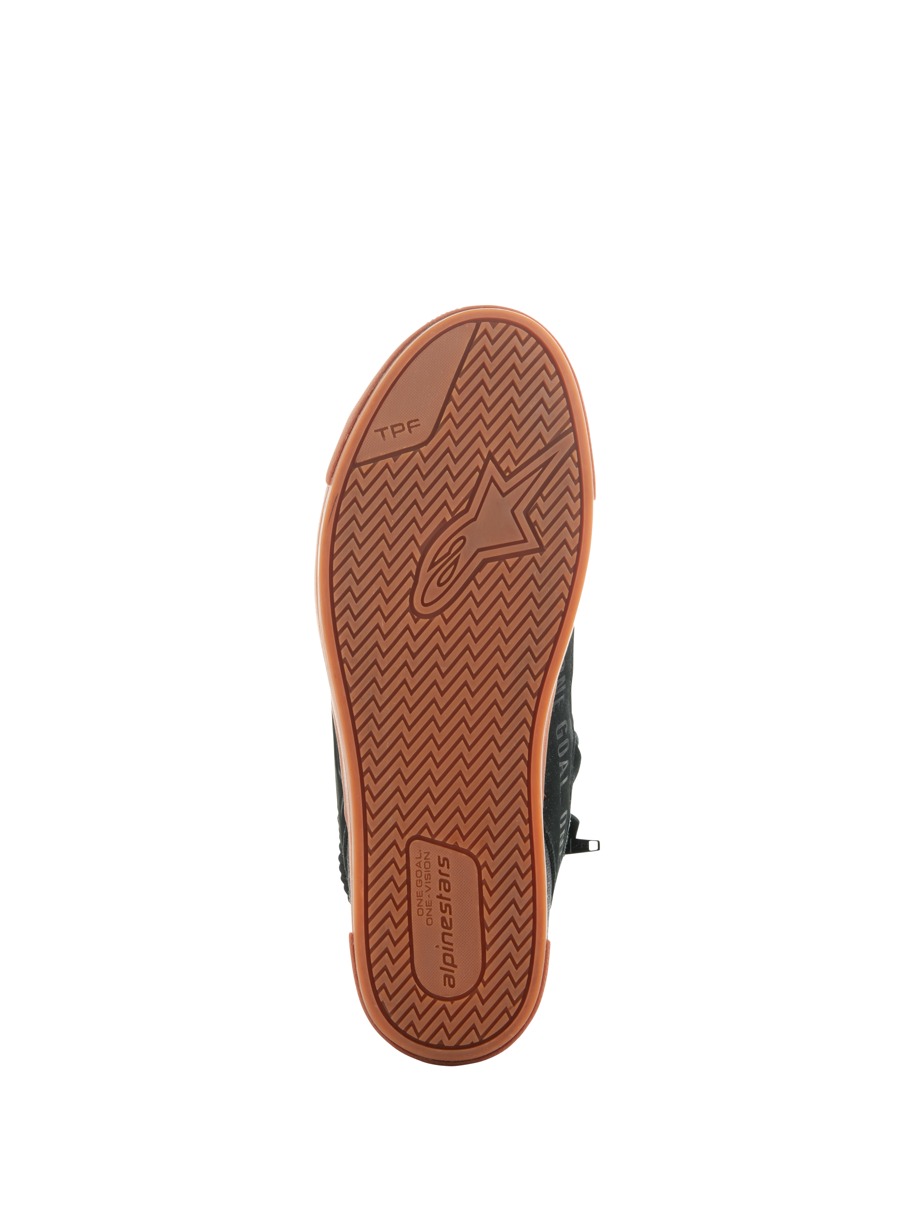 Alpinestars Stated sko, Black Gum, set nedefra af den vulkaniserede gummisål med sildebensmønster, Alpinestars-logo og TPF (Transversal Protection Frame) branding, urbant motorcykelfodtøj