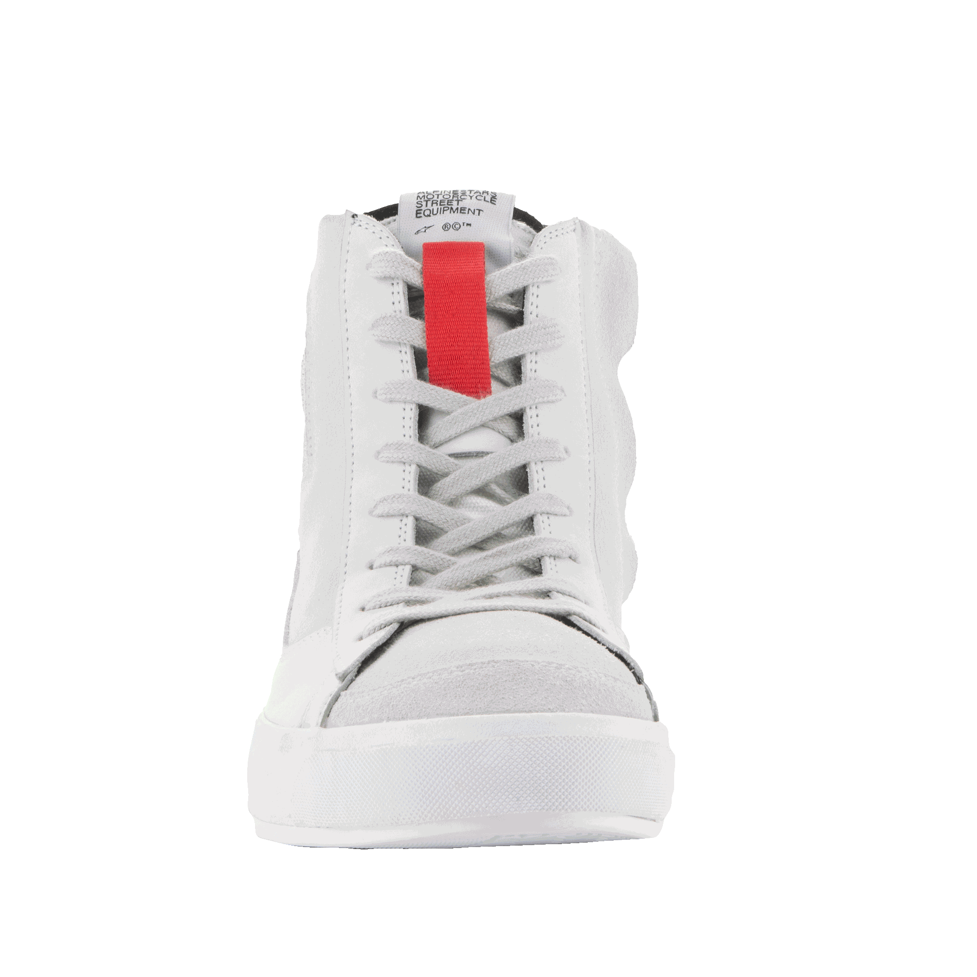 Alpinestars Stated Sko, urbane køresko, White Cool Gray, set forfra af high-top sneaker, med en markant rød accent på pløsen, grå snørebånd og en hvid vulkaniseret sål, minimalistisk skate-inspireret design