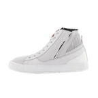 Alpinestars Stated sko, urbane motorcykelsko, hvid og cool grå, high-top street sneaker-stil, nubuck- og ruskindskonstruktion, lynlås på siden, hvid vulkaniseret sål, ribstrikket ankelkrave