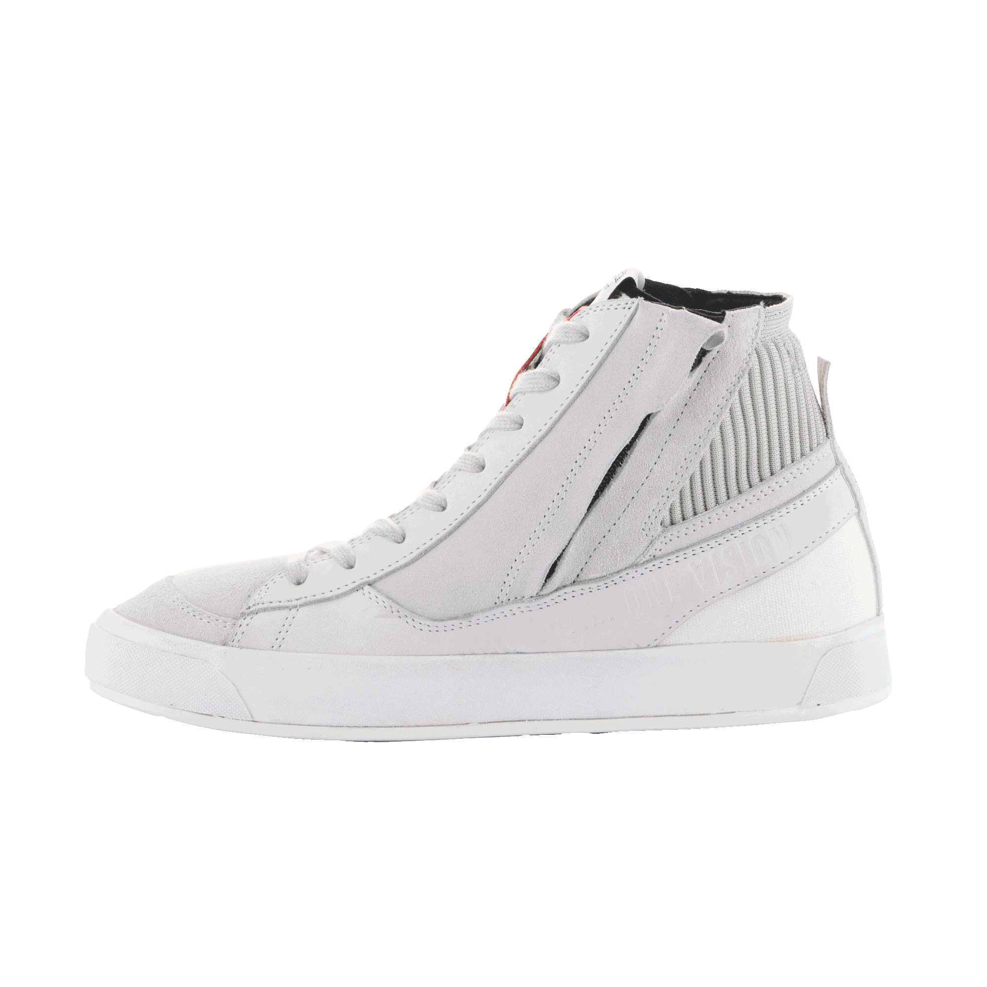 Alpinestars Stated sko, urbane motorcykelsko, hvid og cool grå, high-top street sneaker-stil, nubuck- og ruskindskonstruktion, lynlås på siden, hvid vulkaniseret sål, ribstrikket ankelkrave