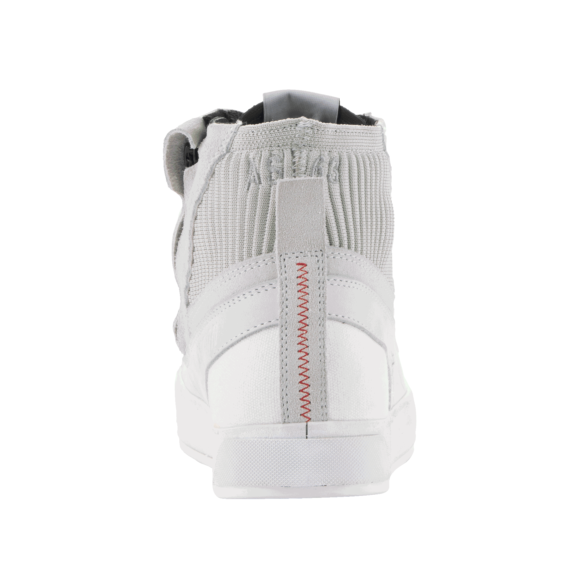 Alpinestars Stated sko, køresko til motorcykel, White Cool Gray, set bagfra med røde zig-zag-syninger på hælen, strikket mesh-ankelkrave og hvid vulkaniseret sål, urbant sneaker-design