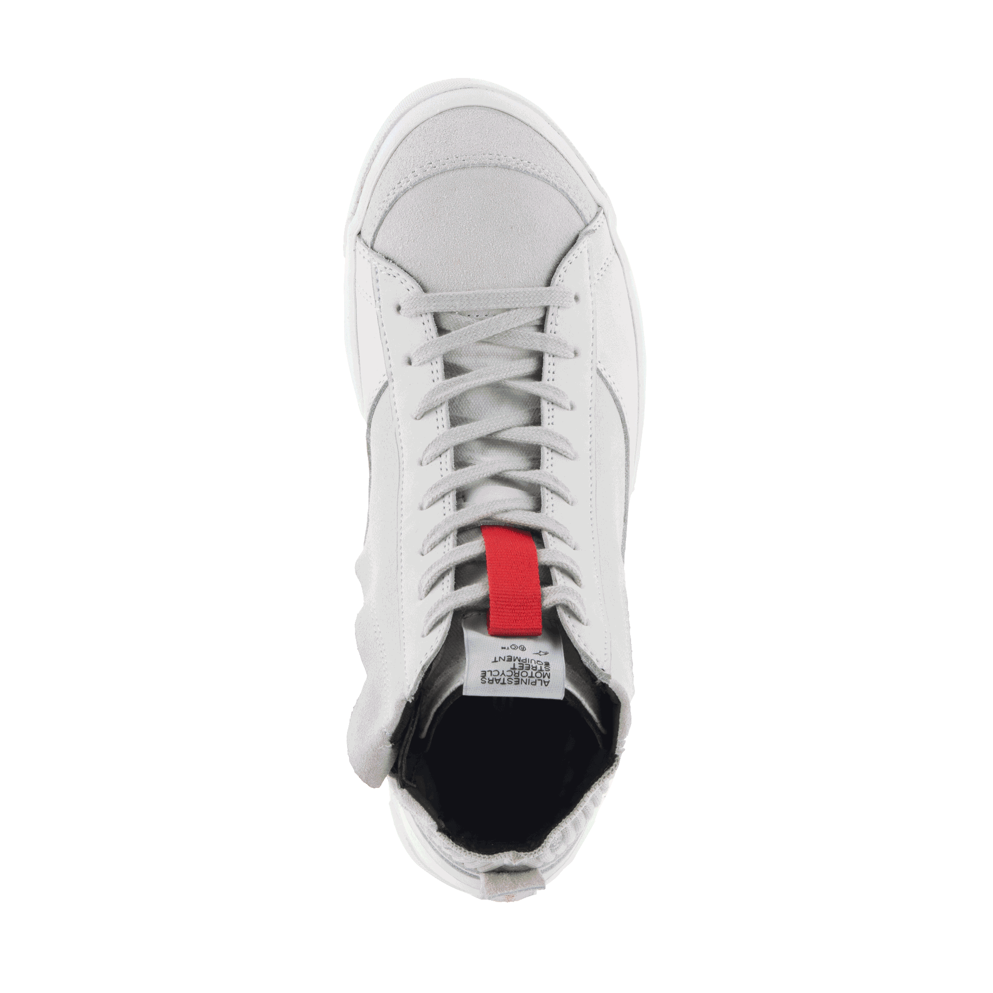 Alpinestars Stated sko, urbane køresko, White Cool Gray, set oppefra med tåboks i ruskind og klassisk snørelukning, rød detalje på pløsen, retro skate-inspireret motorcykel-sneakerdesign