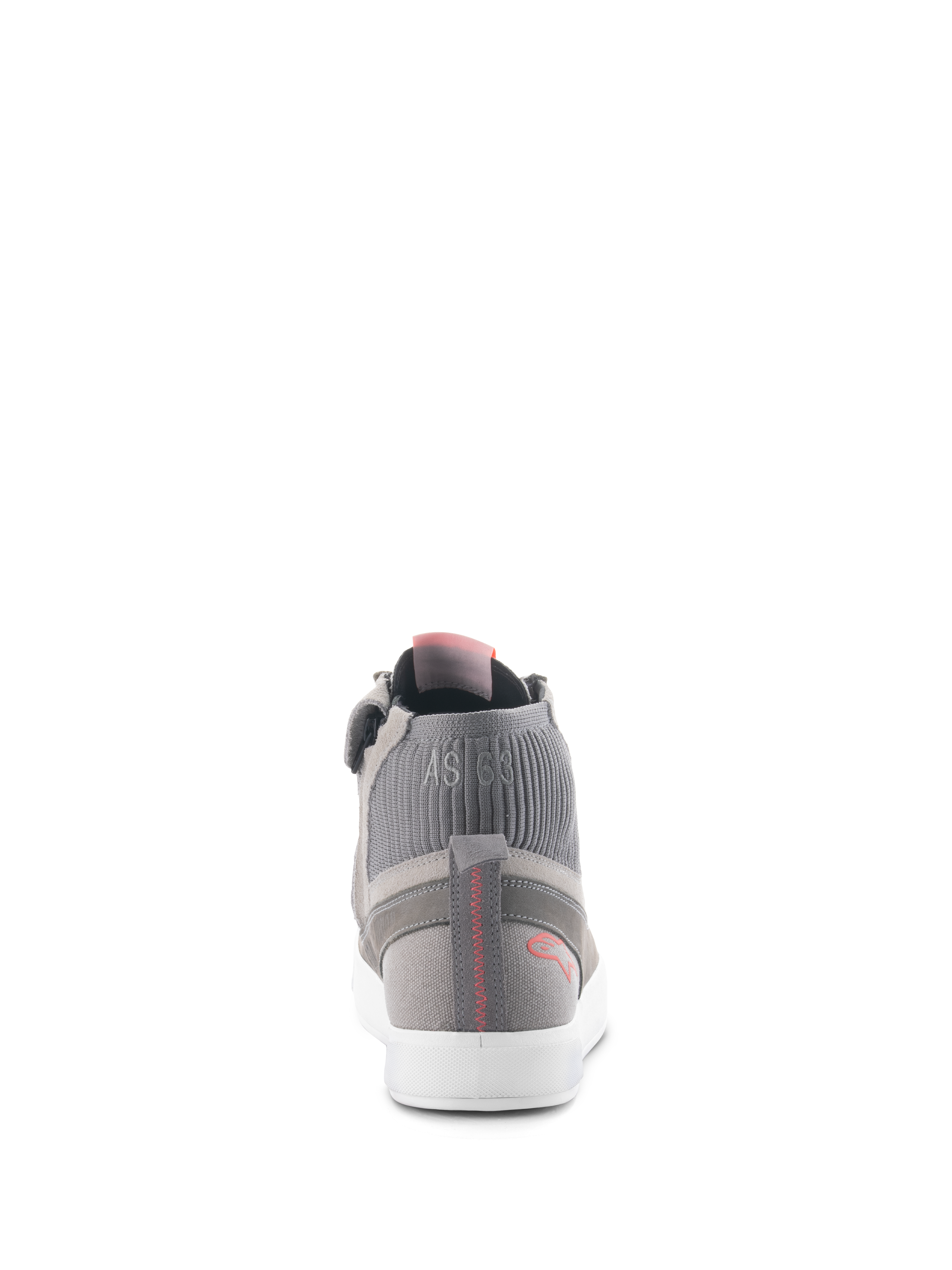 Alpinestars Stated Shoes, Urban Riding Shoes, Light Gray Red Fluo White, rear view showing ribbed knit ankle collar with 'AS 63' branding, white vulcanized sole, and red heel logo with stitched detail