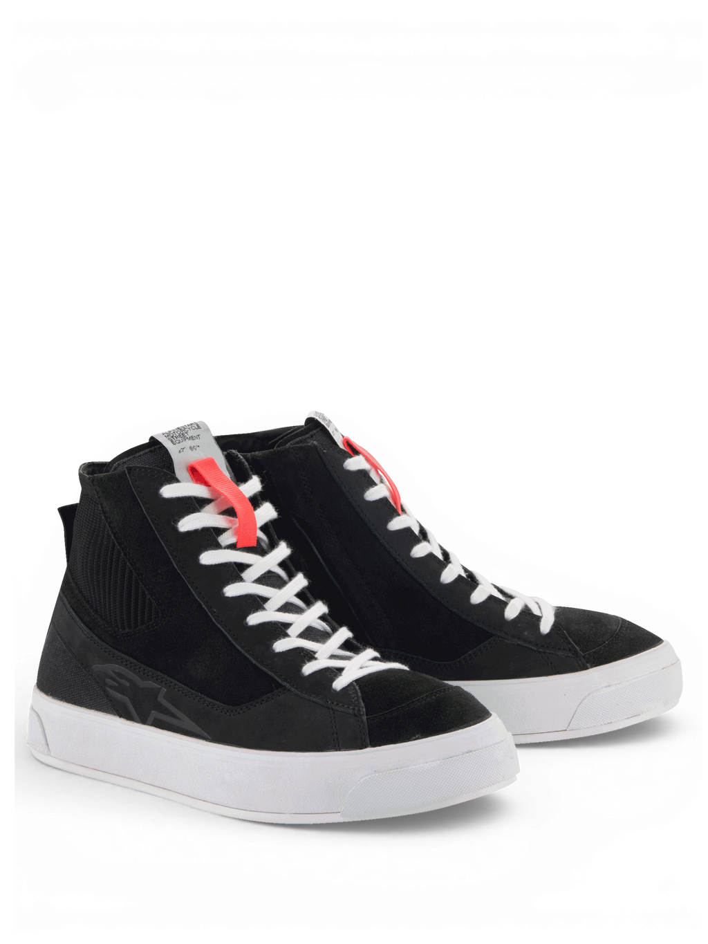 Alpinestars Stella Stated Podium Shoes, women's black urban motorcycle shoes with white soles and skate-inspired styling.