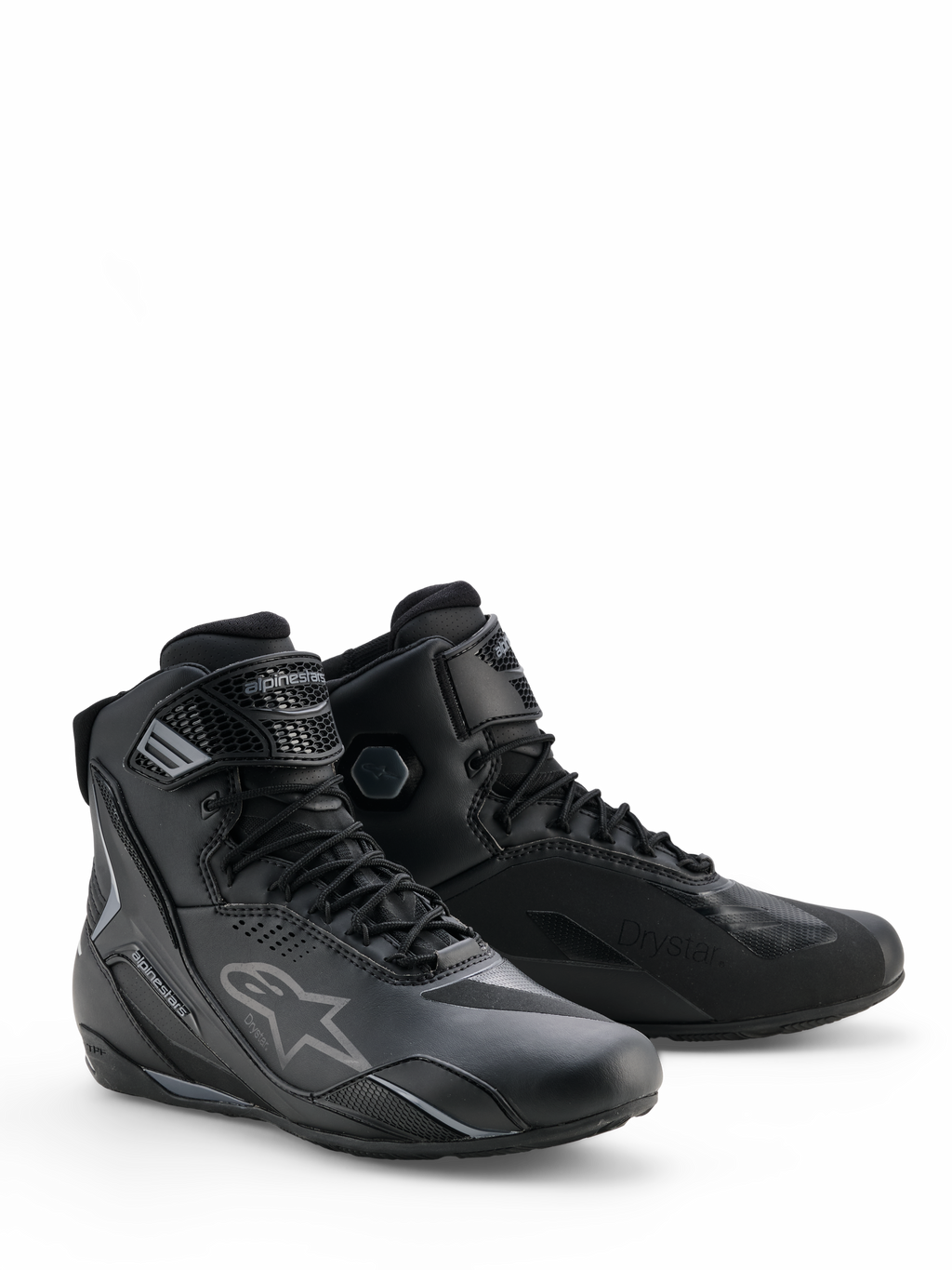 Alpinestars Faster-4 Drystar® sko, Black Cool Gray motorcykelkøresko, high-top design med snørelukning og justerbar ankelrem, med det ikoniske stjernelogo og Drystar-branding, holdbart og vandtæt sportsfodtøj