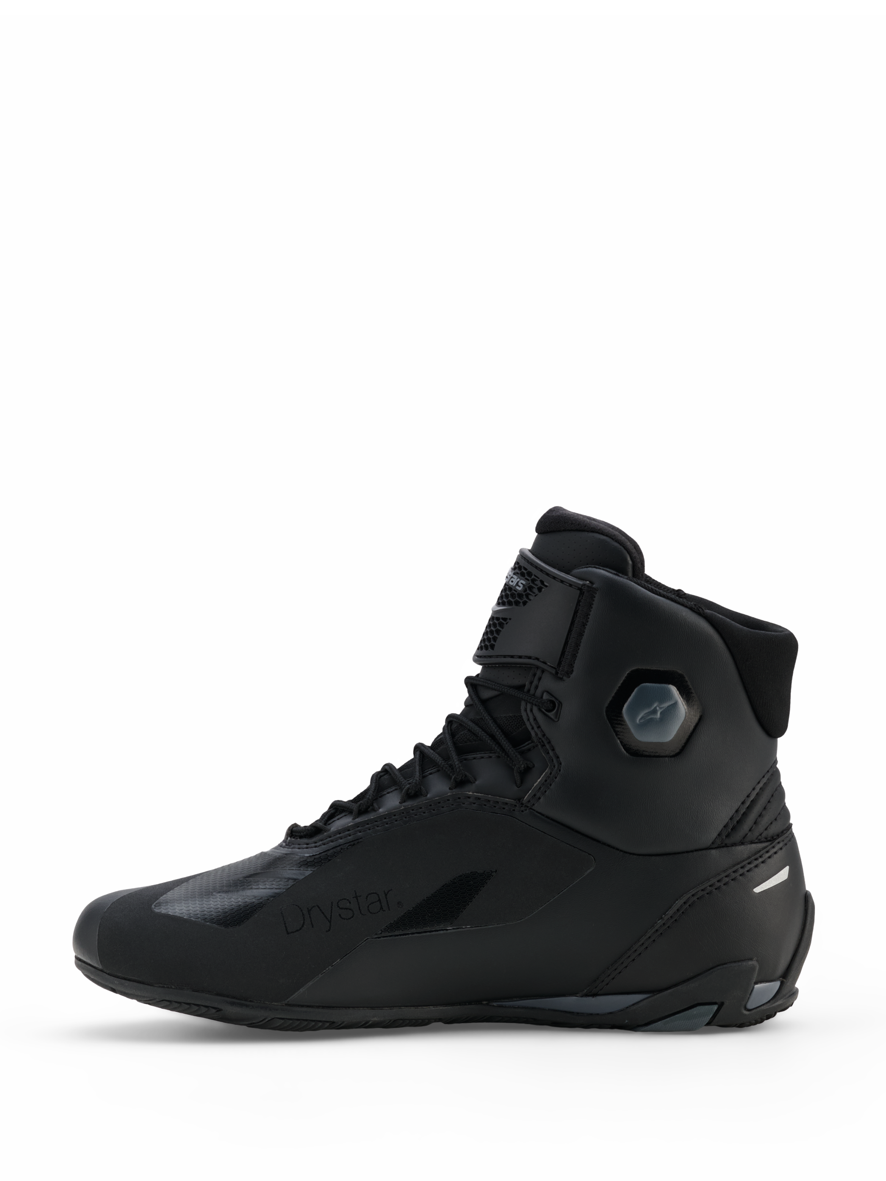 Alpinestars Faster-4 Drystar® sko, motorcykelsko, Black Cool Gray, sideprofil med sømløs mikrofiberkonstruktion, Drystar vandtæt branding, snørelukning med ankelrem og integreret beskyttende ankelstruktur.