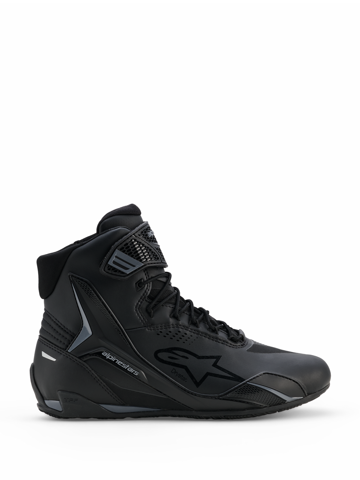 Alpinestars Faster-4 Drystar® sko, sorte og Cool Gray motorcykelsko, høj model med snørelukning og velcro-ankelrem, med Drystar vandtæt branding og Alpinestars stjernelogo, strømlinet sporty profil til landevejskørsel