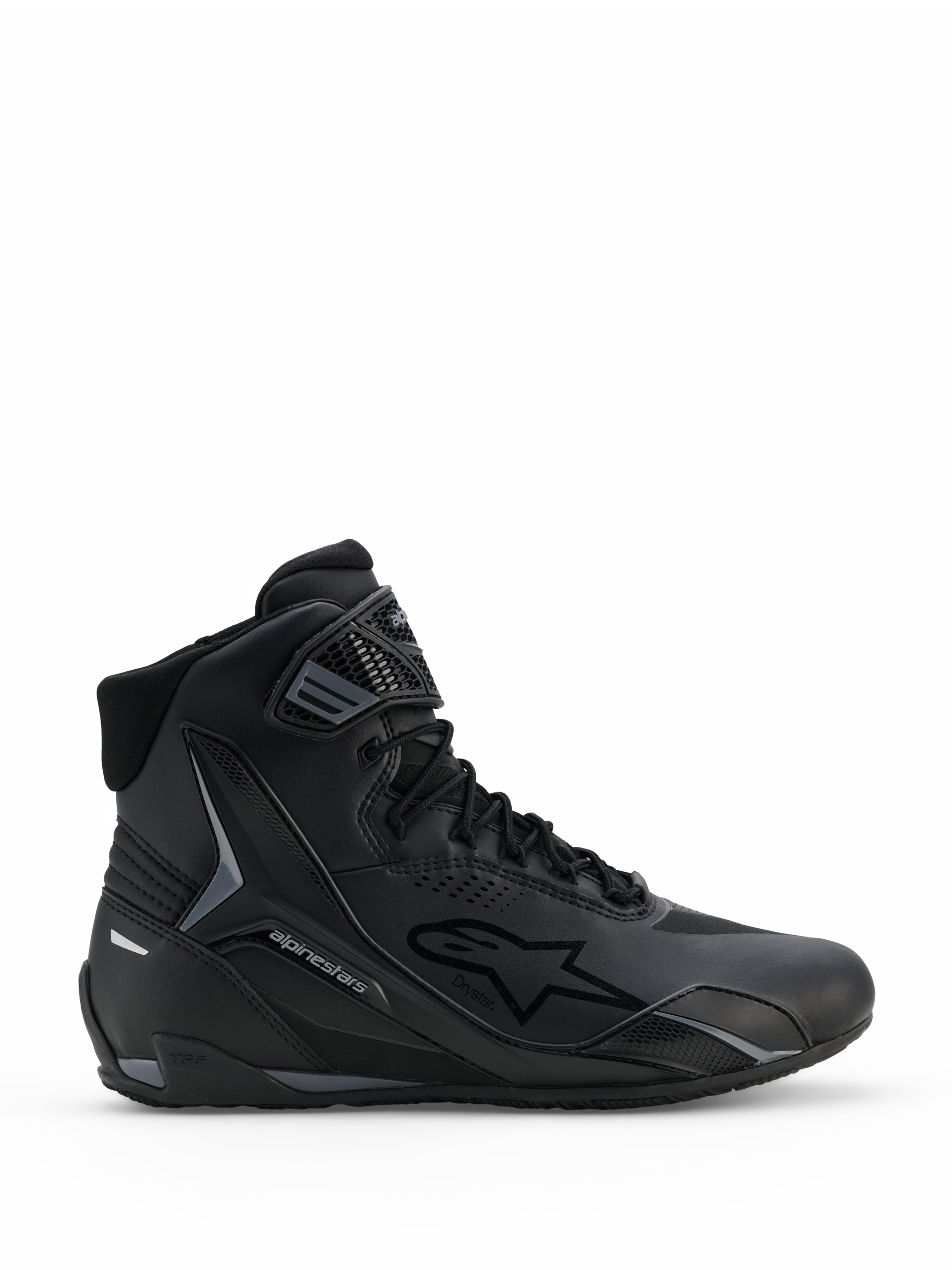 Alpinestars Faster-4 Drystar® sko, sorte og Cool Gray motorcykelsko, høj model med snørelukning og velcro-ankelrem, med Drystar vandtæt branding og Alpinestars stjernelogo, strømlinet sporty profil til landevejskørsel