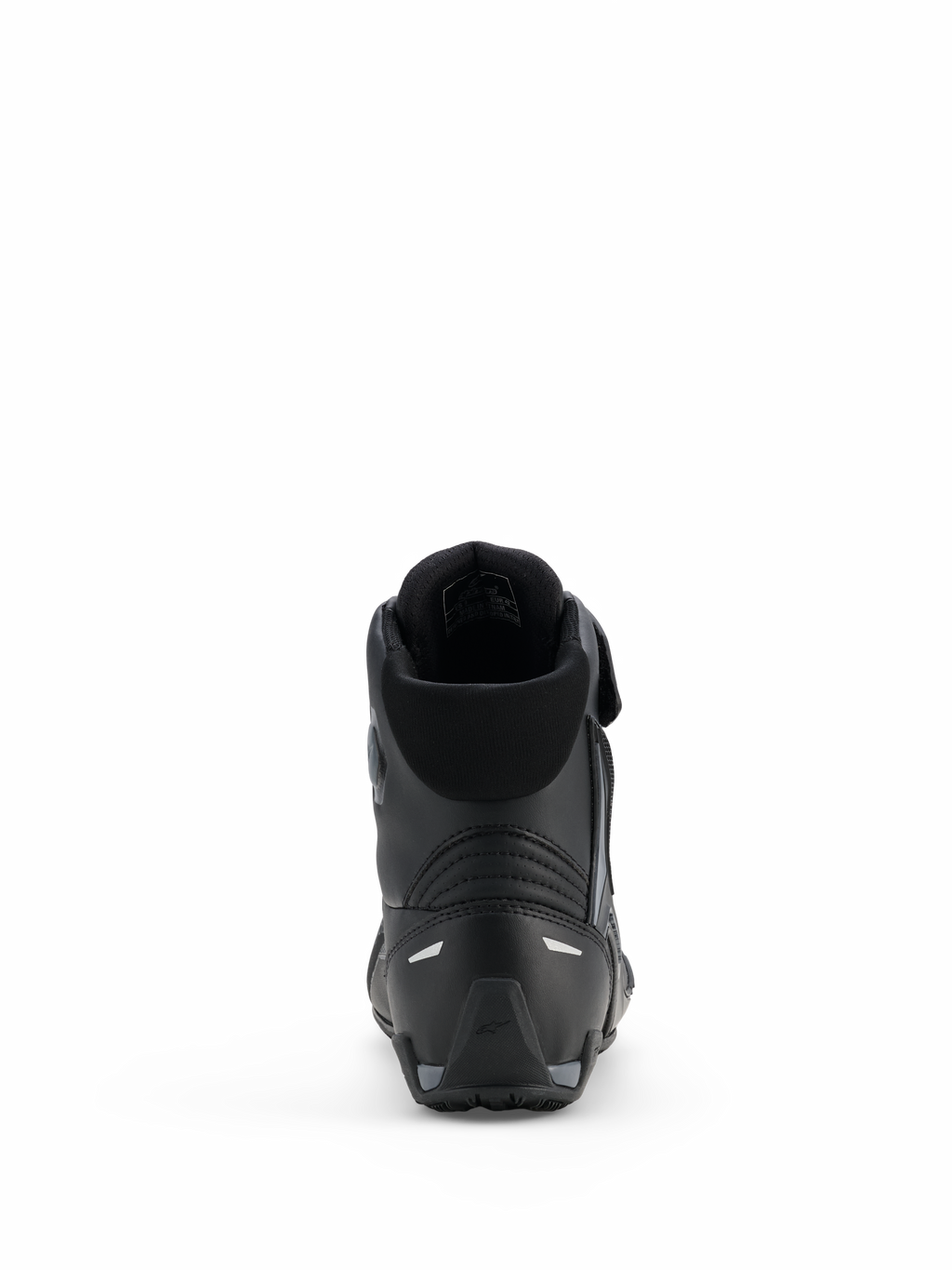 Alpinestars Faster-4 Drystar® sko, motorcykelkøresko, Black Cool Gray, set bagfra med forstærket hæl, polstret krave og refleksdetaljer, vandtæt mikrofiberkonstruktion til sportskørsel