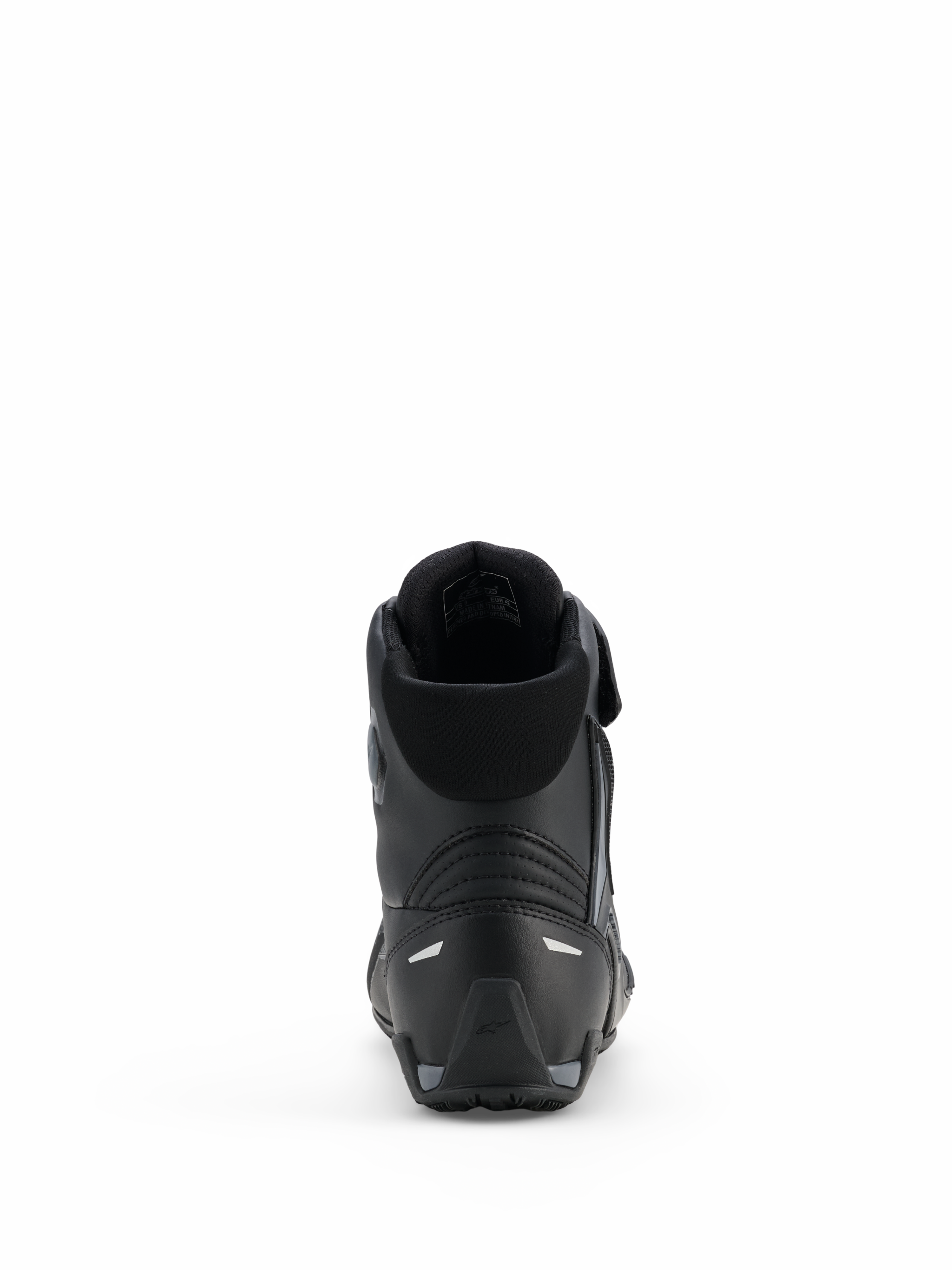 Alpinestars Faster-4 Drystar® sko, motorcykelkøresko, Black Cool Gray, set bagfra med forstærket hæl, polstret krave og refleksdetaljer, vandtæt mikrofiberkonstruktion til sportskørsel