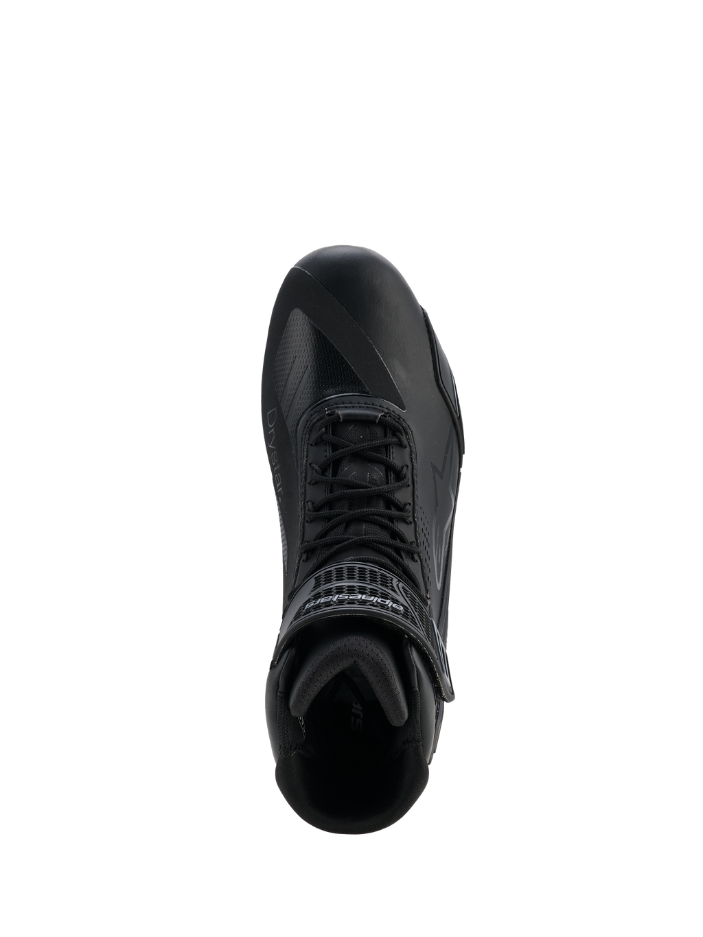 Alpinestars Faster-4 Drystar® sko, Black Cool Gray, motorcykelsko set ovenfra, med snørelukning og velcro-ankelrem, sømløs mikrofiberkonstruktion med Drystar®-branding, slank atletisk profil til beskyttende landevejskørsel.