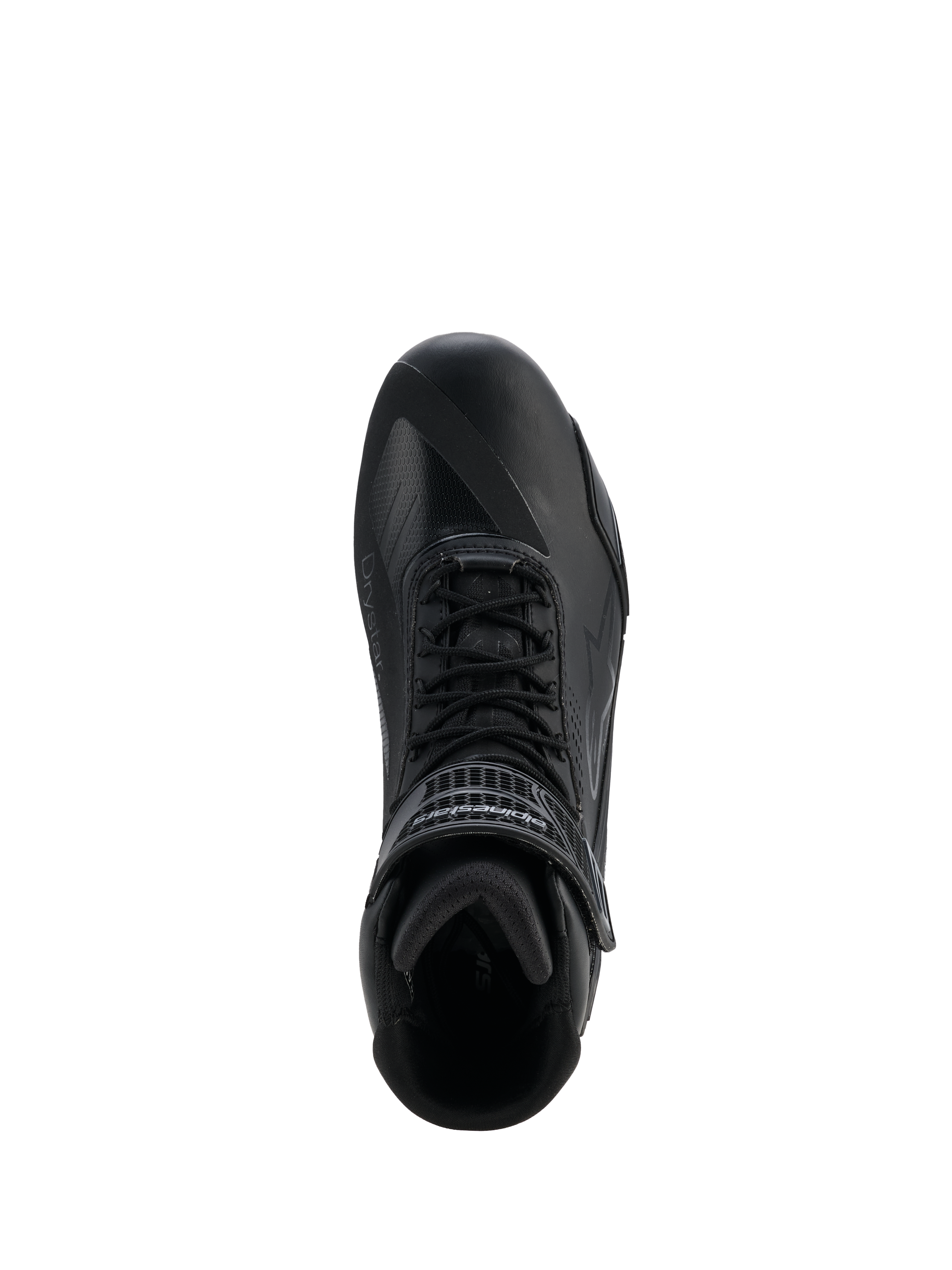 Alpinestars Faster-4 Drystar® sko, Black Cool Gray, motorcykelsko set ovenfra, med snørelukning og velcro-ankelrem, sømløs mikrofiberkonstruktion med Drystar®-branding, slank atletisk profil til beskyttende landevejskørsel.