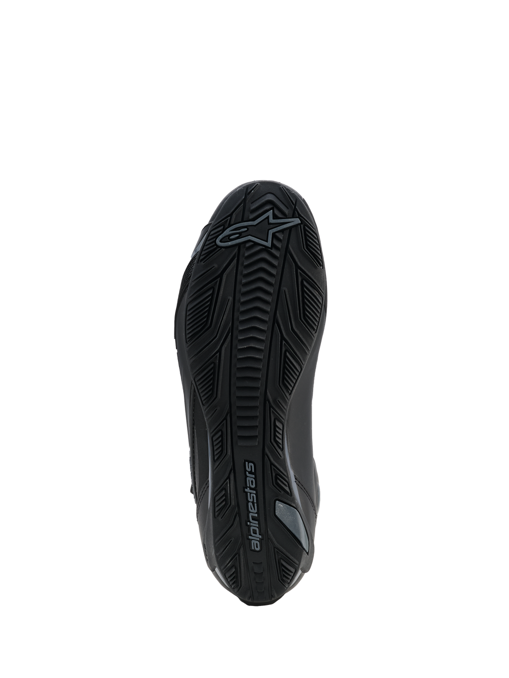 Alpinestars Faster-4 Drystar® sko, Black Cool Gray, undersiden viser den teksturerede gummisål med grebsmønster og Alpinestars-logo, forstærket design for stabilitet og trækkraft.