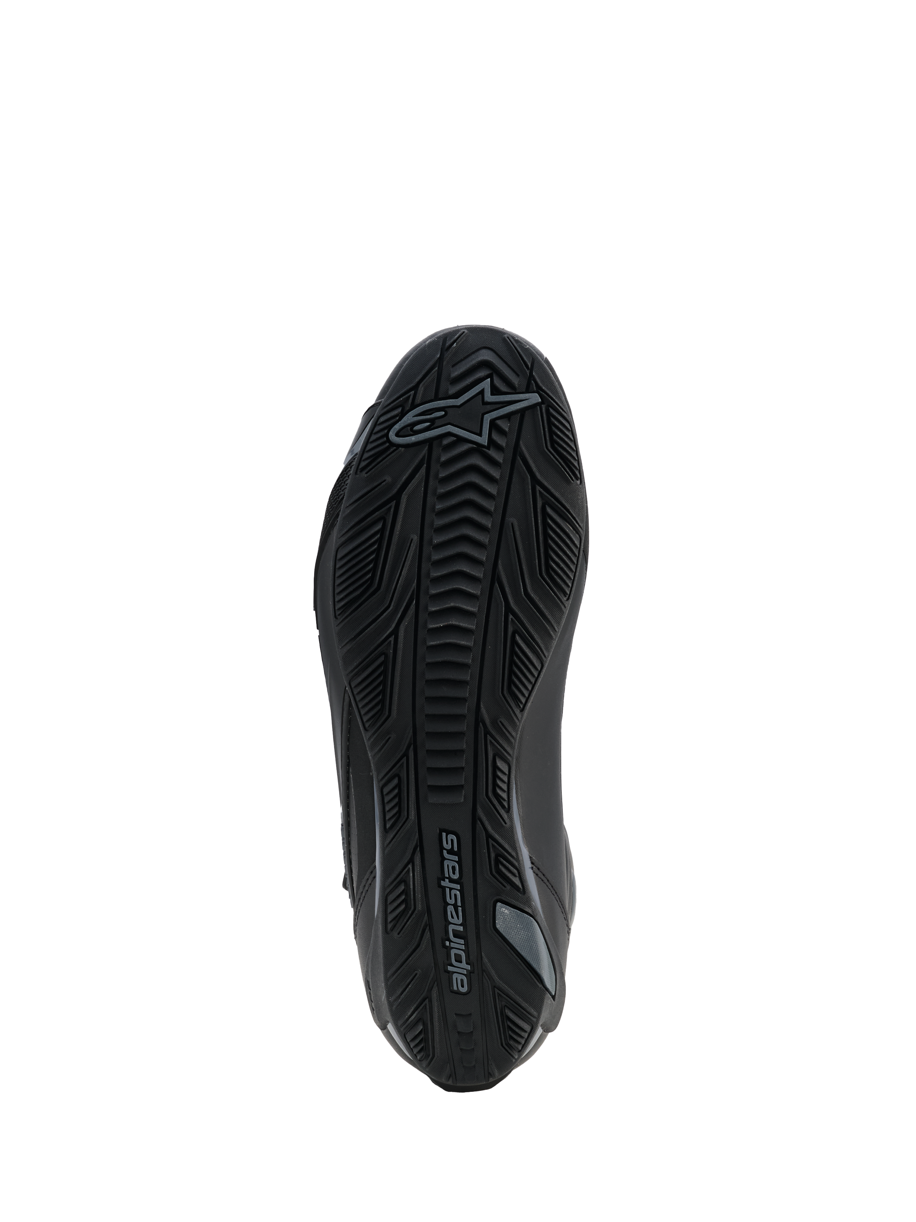 Alpinestars Faster-4 Drystar® sko, Black Cool Gray, undersiden viser den teksturerede gummisål med grebsmønster og Alpinestars-logo, forstærket design for stabilitet og trækkraft.