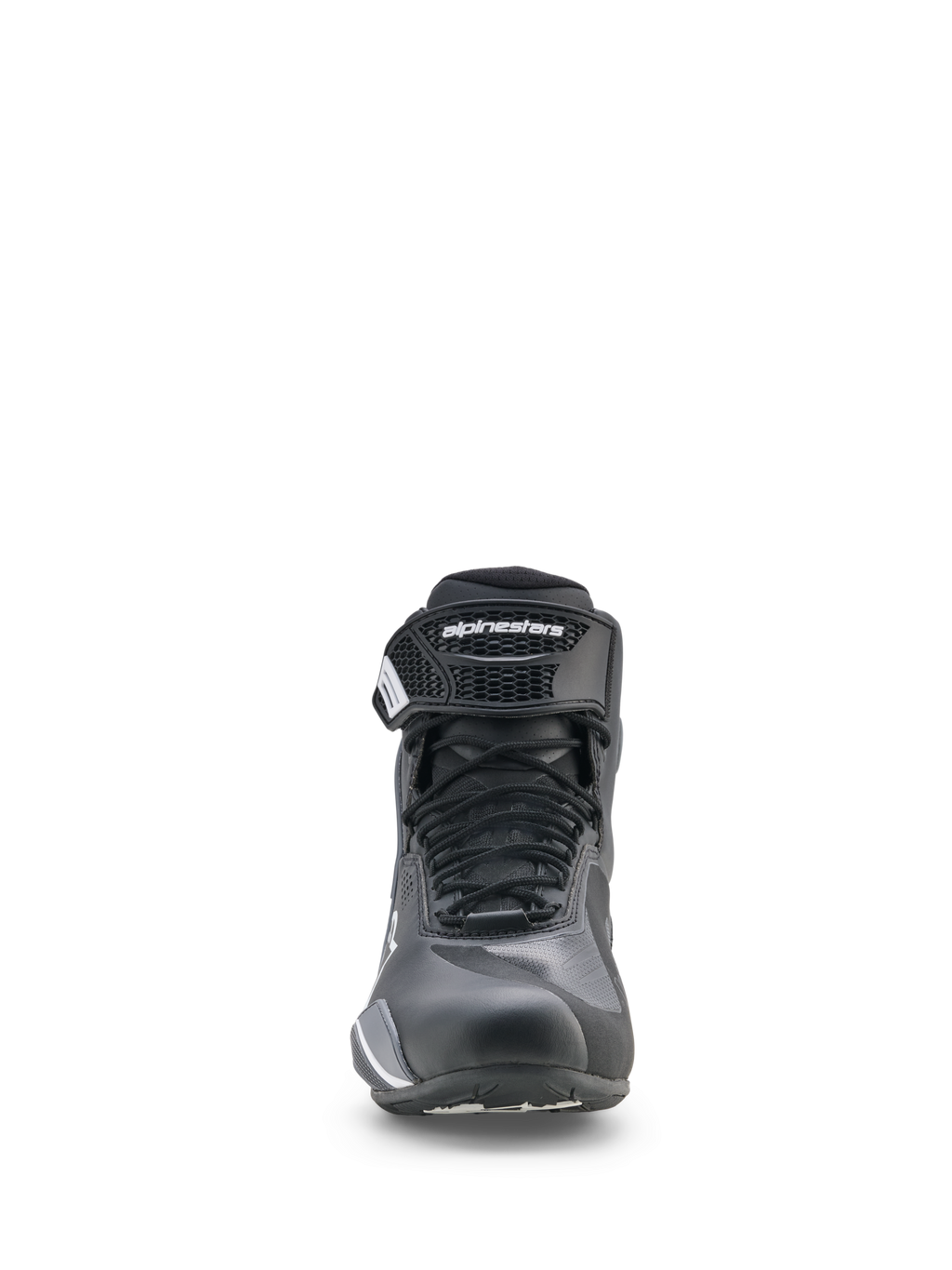 Alpinestars Faster-4 Drystar® Shoes, Motorcycle Riding Shoes, Black Cool Gray and White, front view featuring lace-up closure and hook-and-loop ankle strap, sporty low-cut profile for road riding