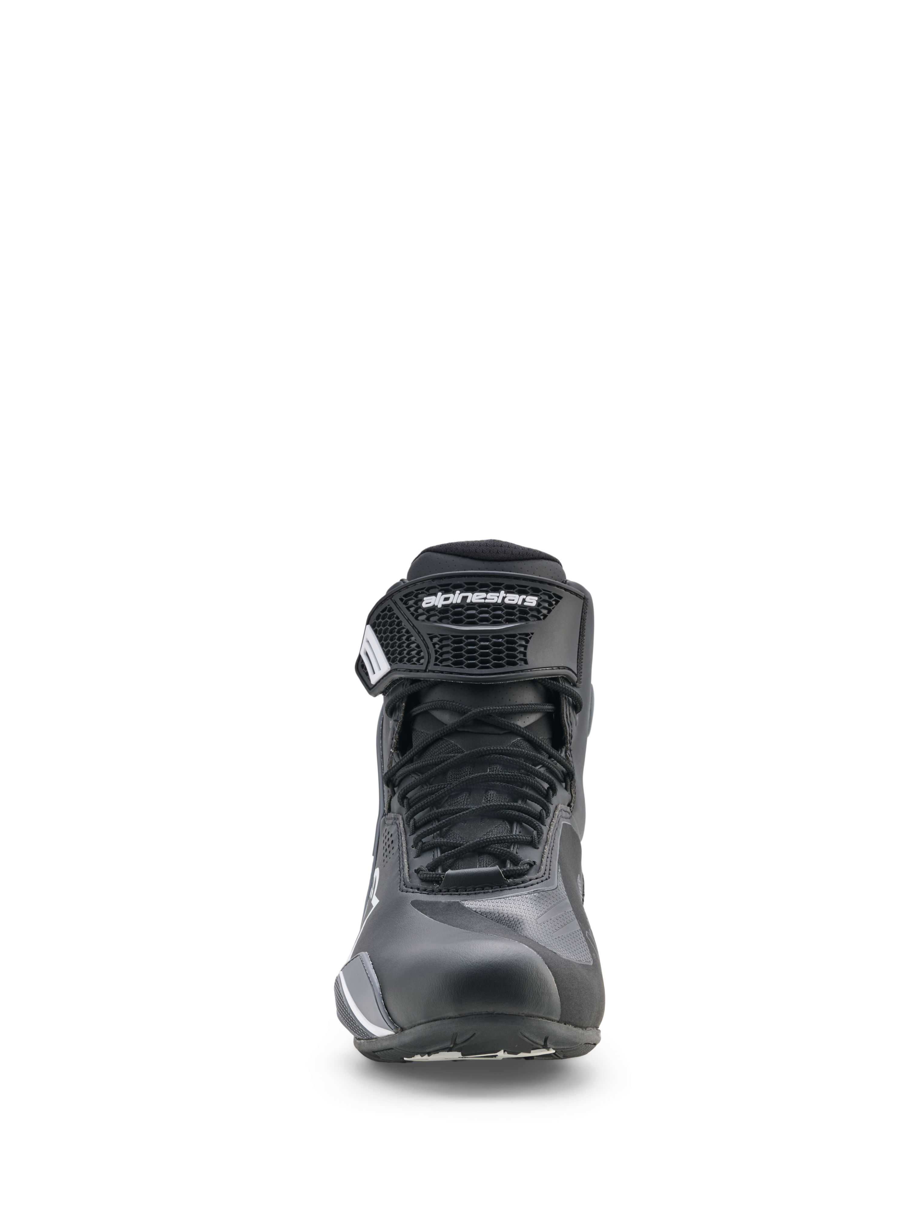 Alpinestars Faster-4 Drystar® Shoes, Motorcycle Riding Shoes, Black Cool Gray and White, front view featuring lace-up closure and hook-and-loop ankle strap, sporty low-cut profile for road riding