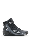 Alpinestars Faster-4 Drystar Shoes, Motorcycle Riding Shoes, Black Cool Gray White, side profile view showing white Astars logo, high-top design with reinforced protective panels, lace-up closure with ankle strap, modern sporty style
