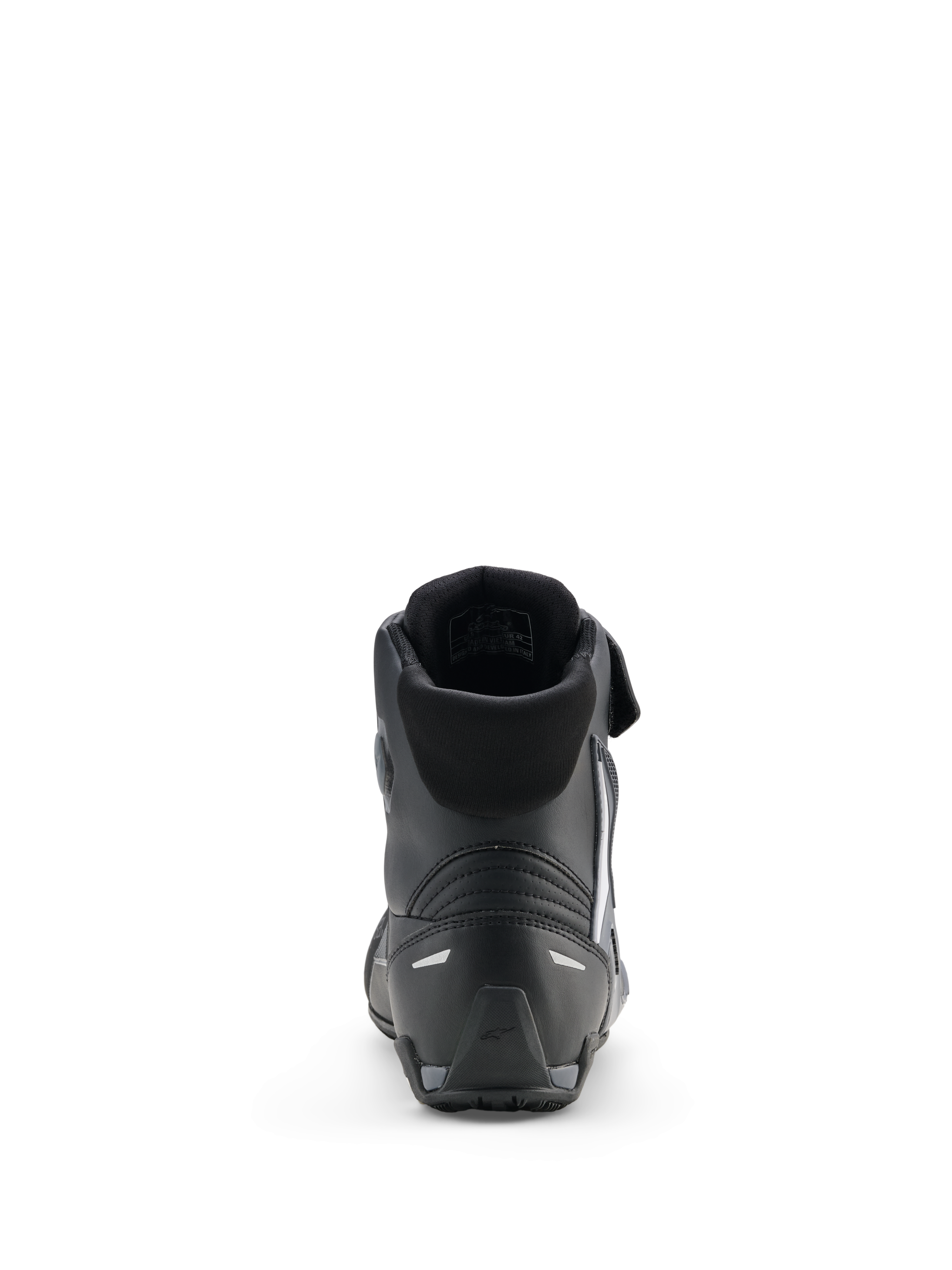Alpinestars Faster-4 Drystar® Shoes, Motorcycle Riding Shoes, Black Cool Gray White, rear view showing padded collar, reinforced heel with reflective accents, and textured rubber sole for sport performance.