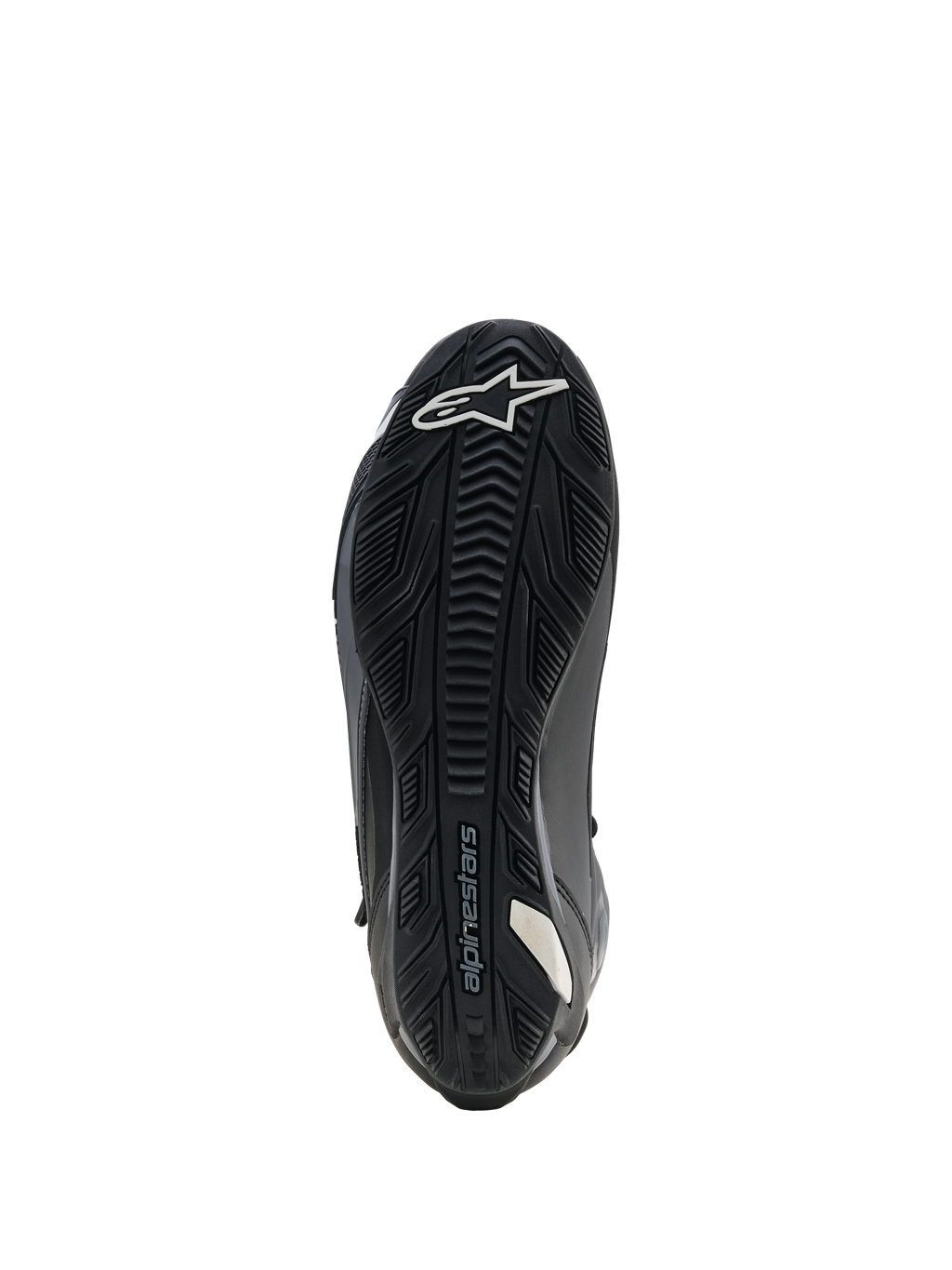 Alpinestars Faster-4 Drystar Shoes, Motorcycle Riding Shoes, Black, Sole view showing reinforced rubber outsole with textured grip, white star logo at the toe and Alpinestars branding, designed for stability and peg grip.