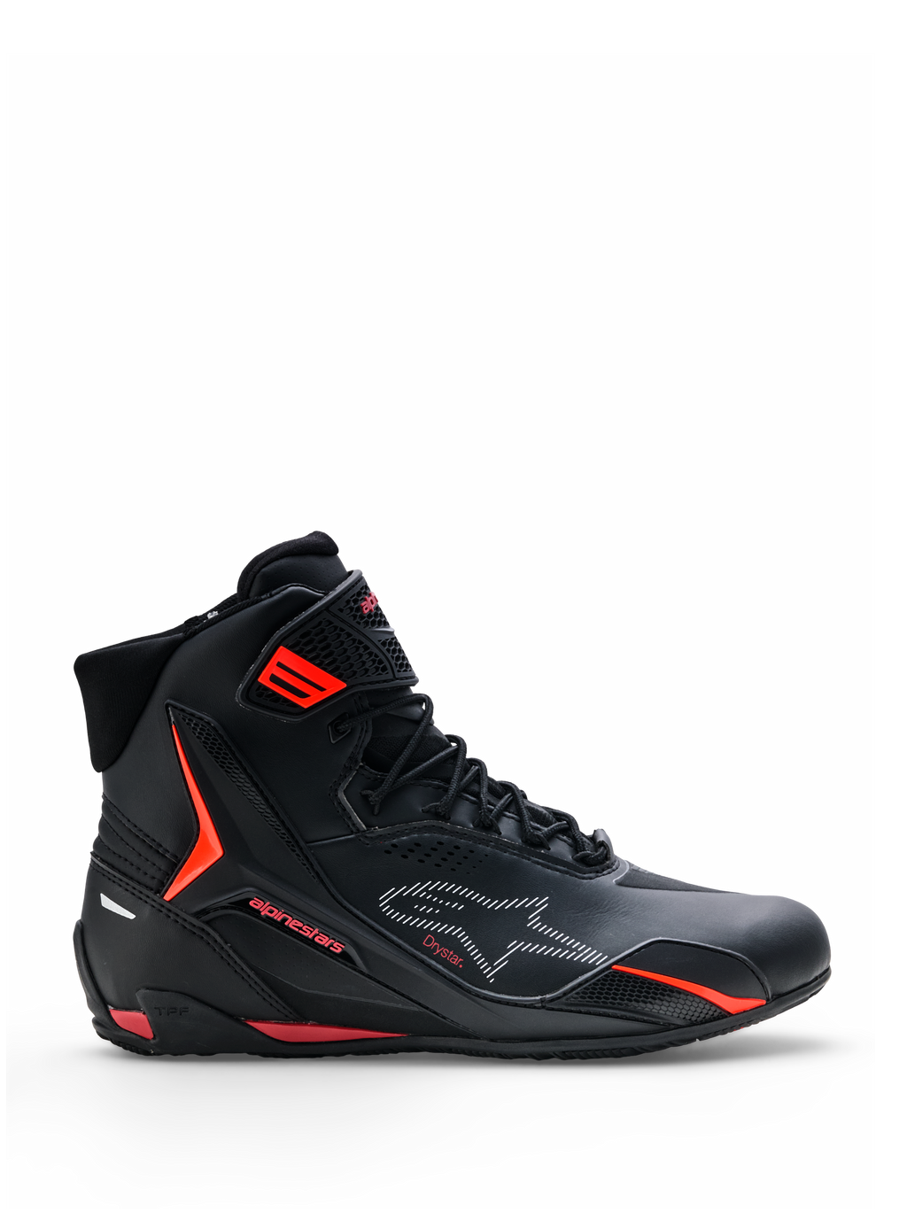 Alpinestars Faster-4 Drystar® Shoes, Motorcycle Riding Shoes, Black with Rio Red and Red Fluo accents, side profile view, high-top design with lace-up closure and ankle strap, sporty urban style