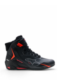 Alpinestars Faster-4 Drystar® Shoes, Motorcycle Riding Shoes, Black with Rio Red and Red Fluo accents, side profile view, high-top design with lace-up closure and ankle strap, sporty urban style
