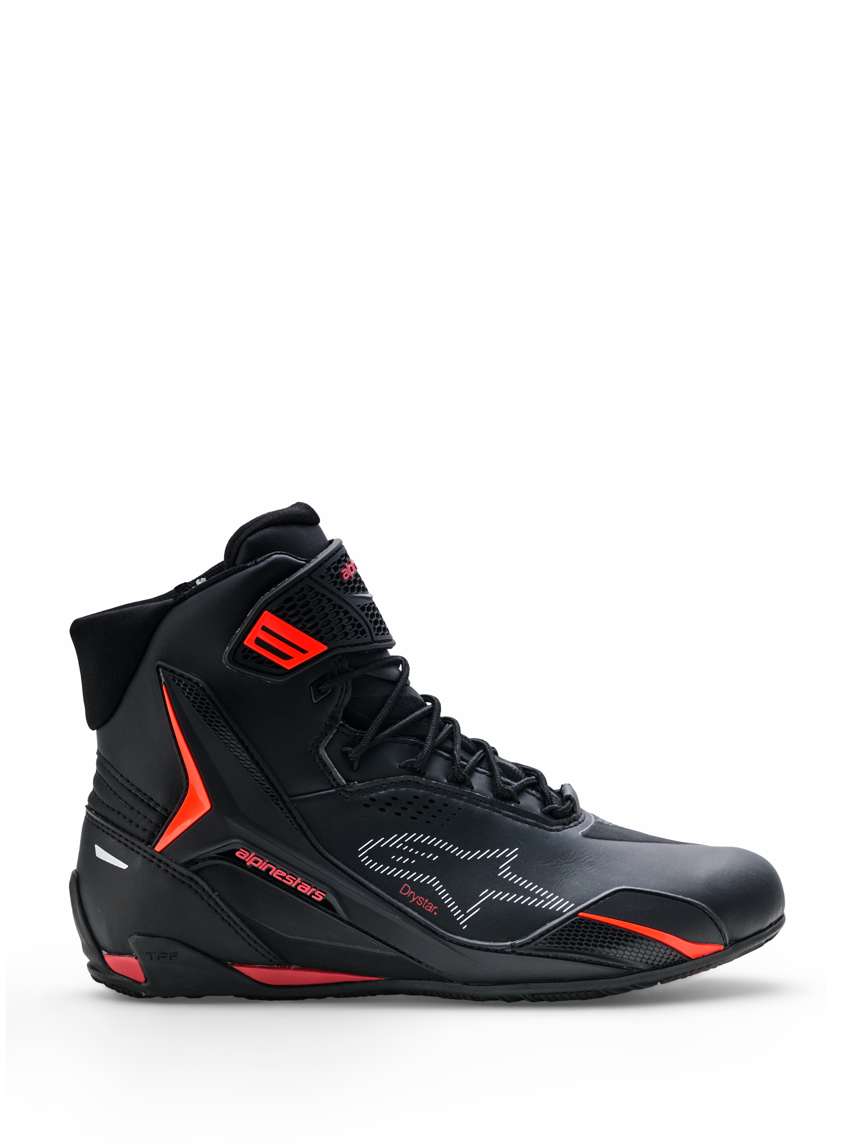 Alpinestars Faster-4 Drystar® sko, motorcykel-køresko, sort med Rio Red og Red Fluo detaljer, sideprofil, high-top design med snørelukning og ankelstrop, sporty urban stil