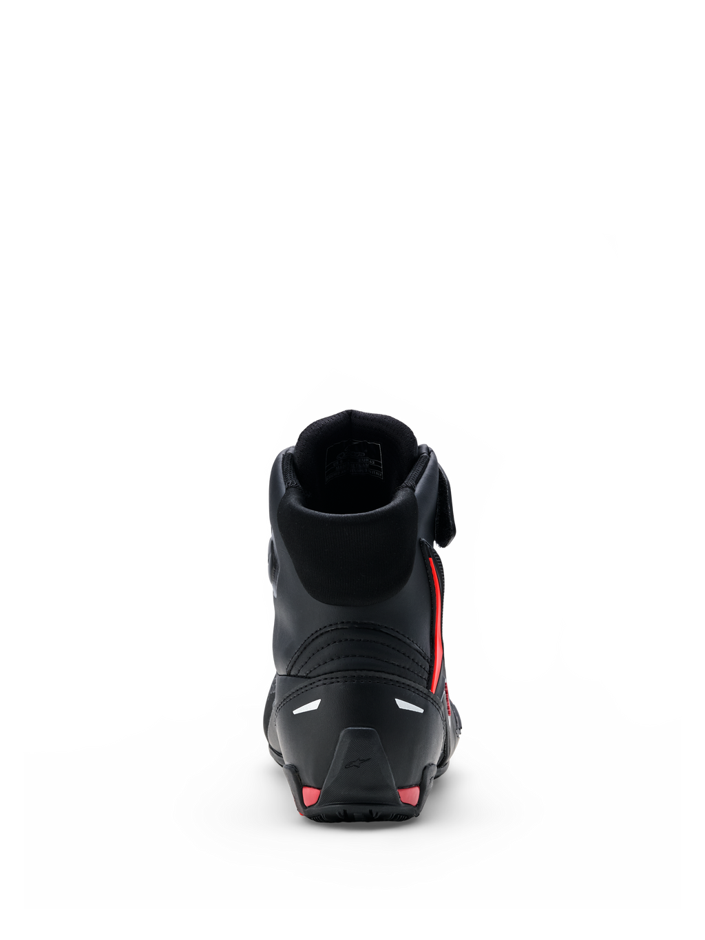 Alpinestars Faster-4 Drystar® Shoes, Motorcycle Riding Shoes, Black with Rio Red and Red Fluo accents, rear view showing reinforced heel counter, high-top design, and seamless microfiber construction.