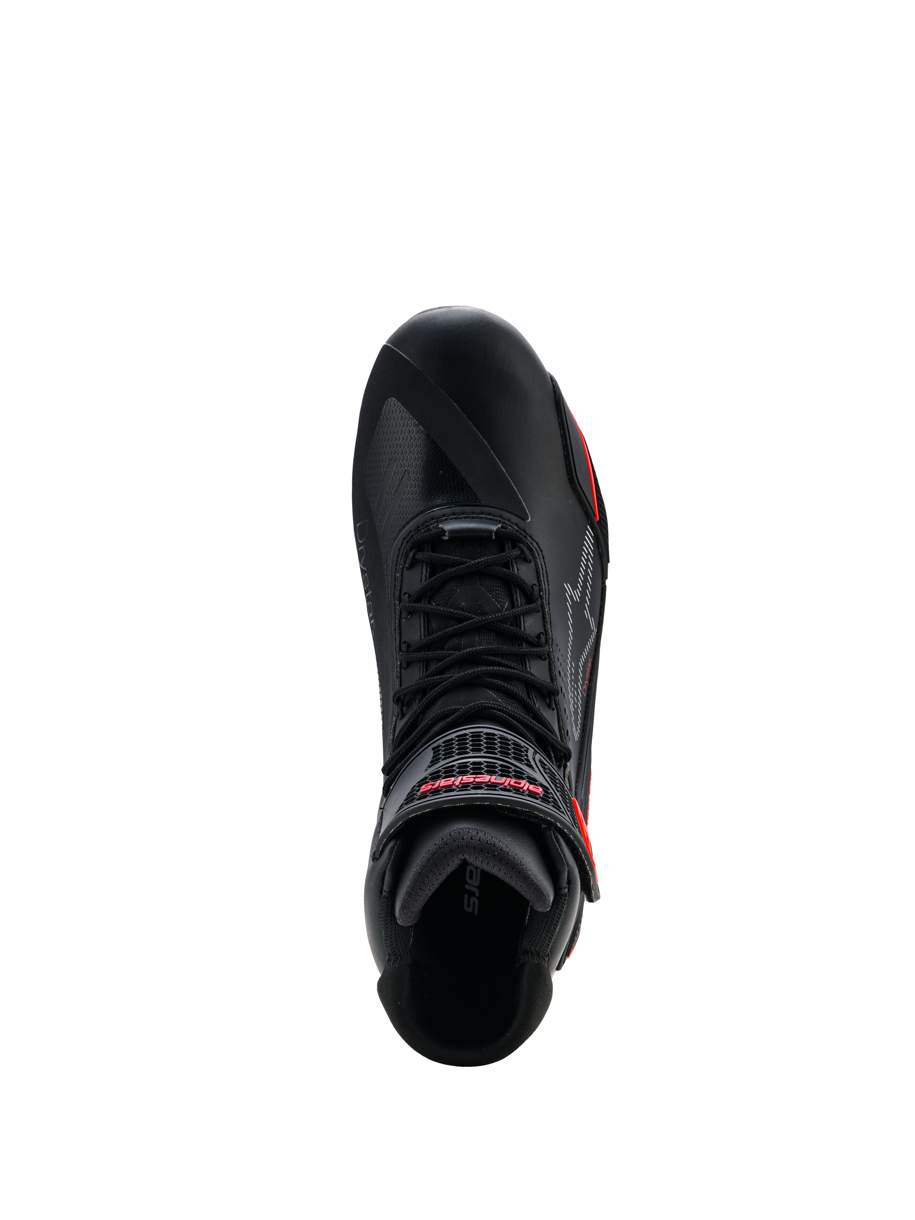 Alpinestars Faster-4 Drystar® Shoes, Black with Rio Red and Red Fluo accents, top-down view showing lace-up system and hook-and-loop strap with red branding, waterproof motorcycle riding footwear