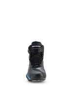 Alpinestars Faster-4 Drystar® Shoes, waterproof motorcycle riding shoes, Black Night Navy Cyan, front view showing laces and adjustable ankle strap with Alpinestars branding, streamlined sports riding design