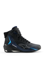 Alpinestars Faster-4 Drystar Shoes, Motorcycle Riding Shoes, Black Night Navy Cyan, lateral view showing high-top sneaker design, cyan TPU support panels, white dashed Alpinestars logo, and lace closure with a textured ankle strap.