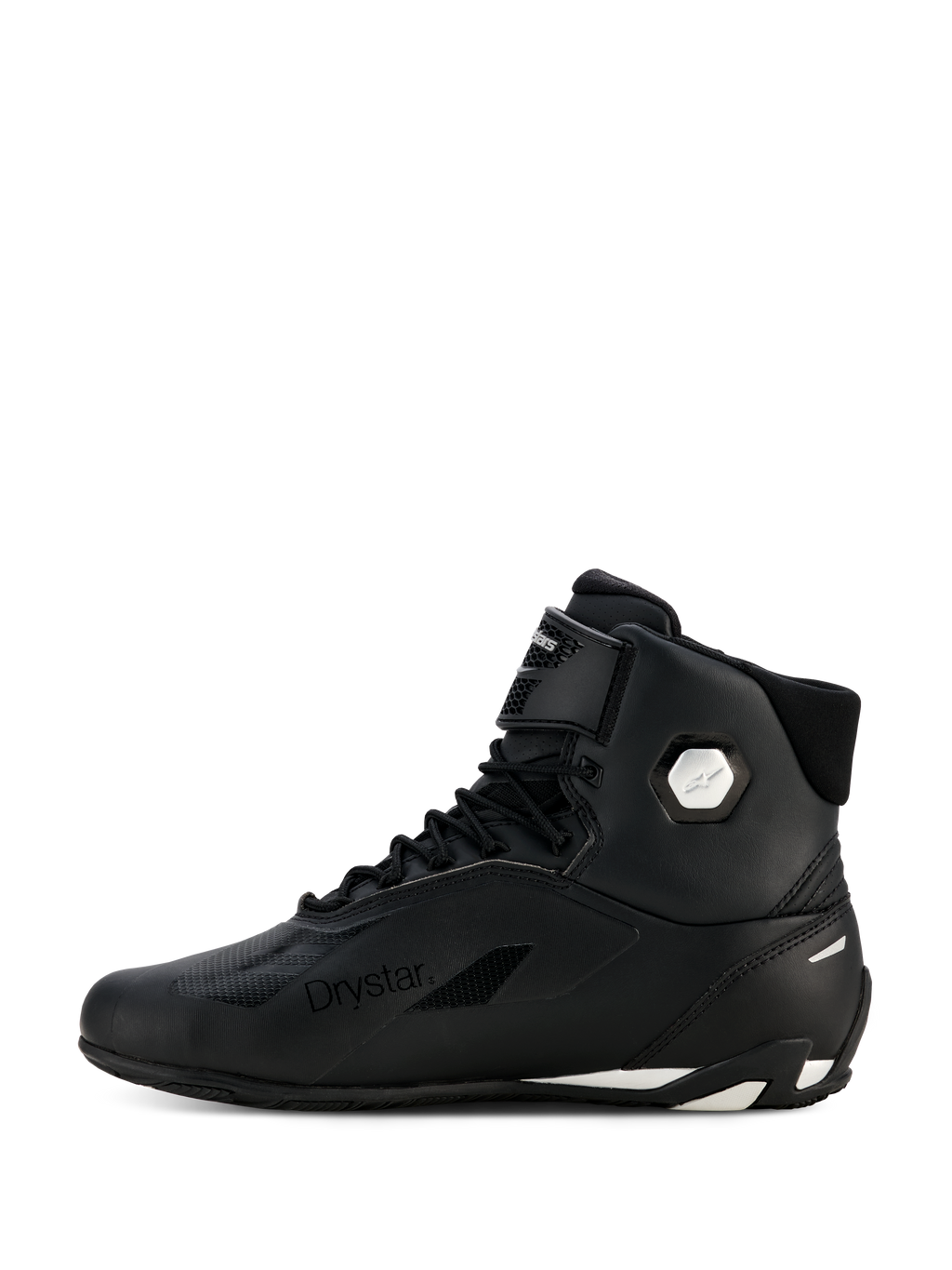 Alpinestars Dame Stella Faster-4 Drystar® sko, sort og sølv, profilvisning fra siden, vandtætte motorcykelkøresko med overdel i mikrofiber, snørelukning og velcrostrop, med Drystar-branding og sølvfarvet ankellogo.