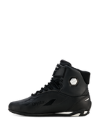 Alpinestars Dame Stella Faster-4 Drystar® sko, sort og sølv, profilvisning fra siden, vandtætte motorcykelkøresko med overdel i mikrofiber, snørelukning og velcrostrop, med Drystar-branding og sølvfarvet ankellogo.