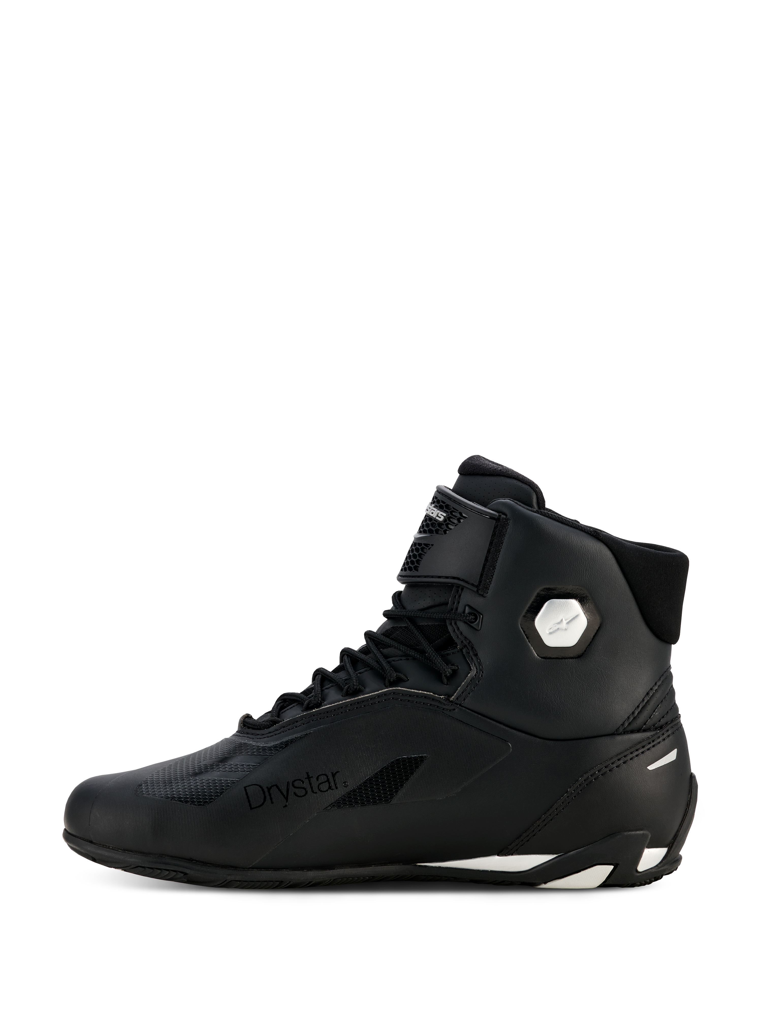 Alpinestars Dame Stella Faster-4 Drystar® sko, sort og sølv, profilvisning fra siden, vandtætte motorcykelkøresko med overdel i mikrofiber, snørelukning og velcrostrop, med Drystar-branding og sølvfarvet ankellogo.
