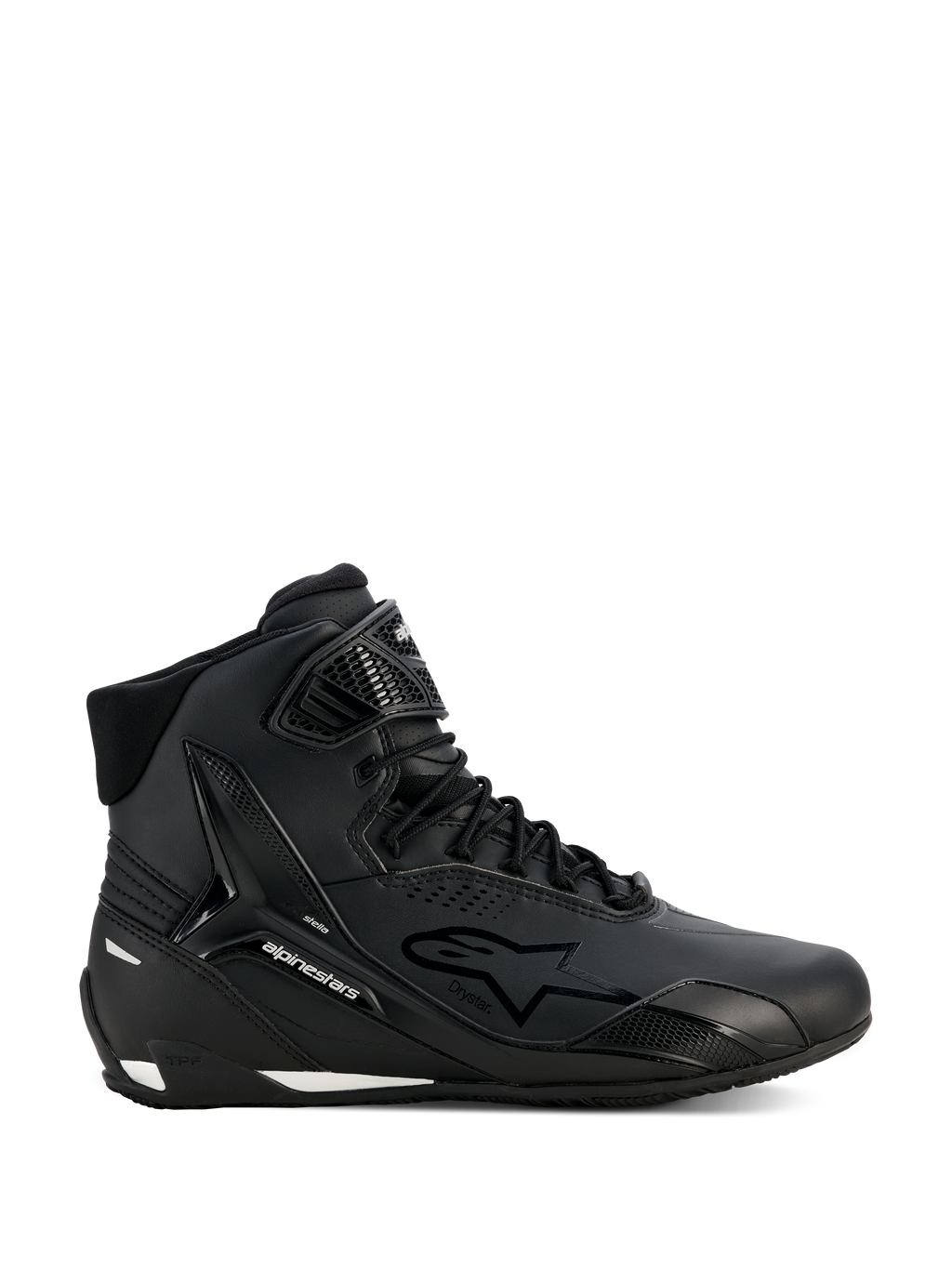 Alpinestars Stella Faster-4 Drystar sko, motorcykelsko til kvinder, sort og sølv, high-top design, snørelukning med velcro-ankelrem, sømløs mikrofiberoverdel, vandtæt teknologi, hvide detaljer på sålen og hælen