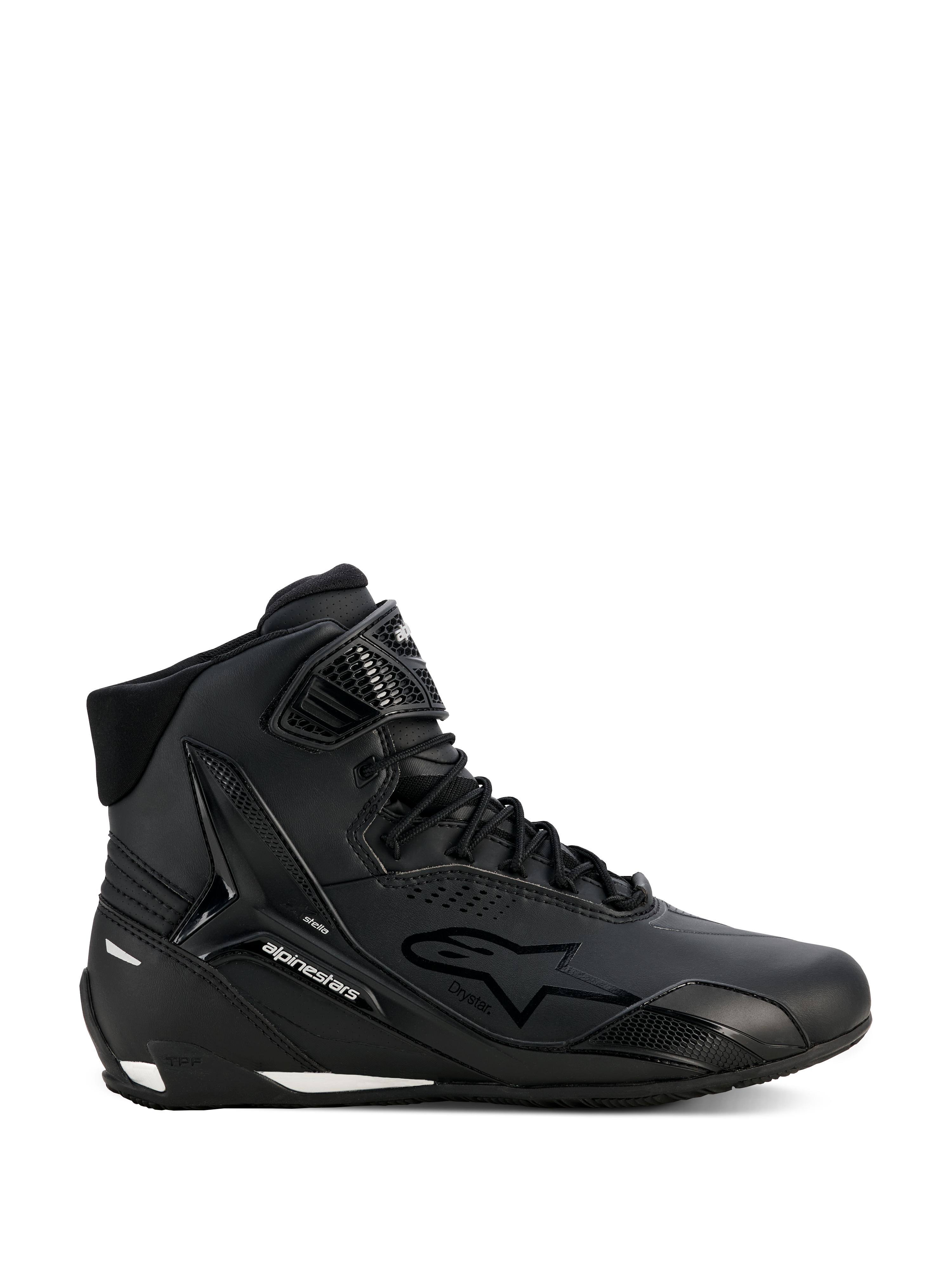 Alpinestars Stella Faster-4 Drystar Shoes, Women's Motorcycle Riding Shoes, Black and Silver, High-top design, Lace-up closure with hook-and-loop ankle strap, Seamless microfiber upper, Waterproof technology, White accents on the sole and heel
