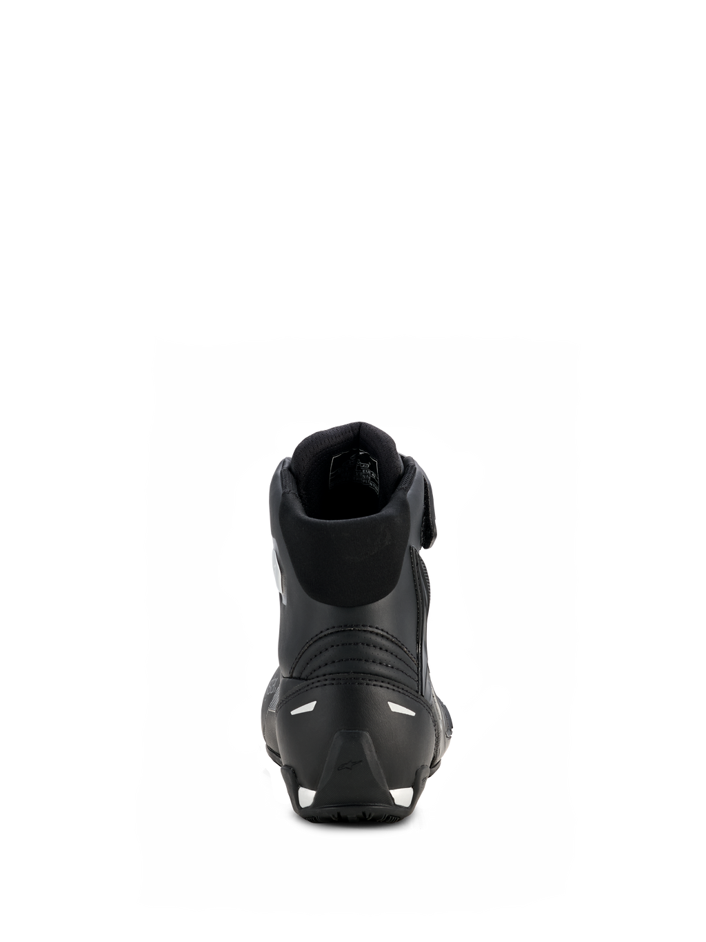 Alpinestars Stella Faster-4 Drystar® sko til damer, sort og sølv, set bagfra med forstærket hæl og sølvdetaljer, polstret krave, vandtæt mikrofiberdesign