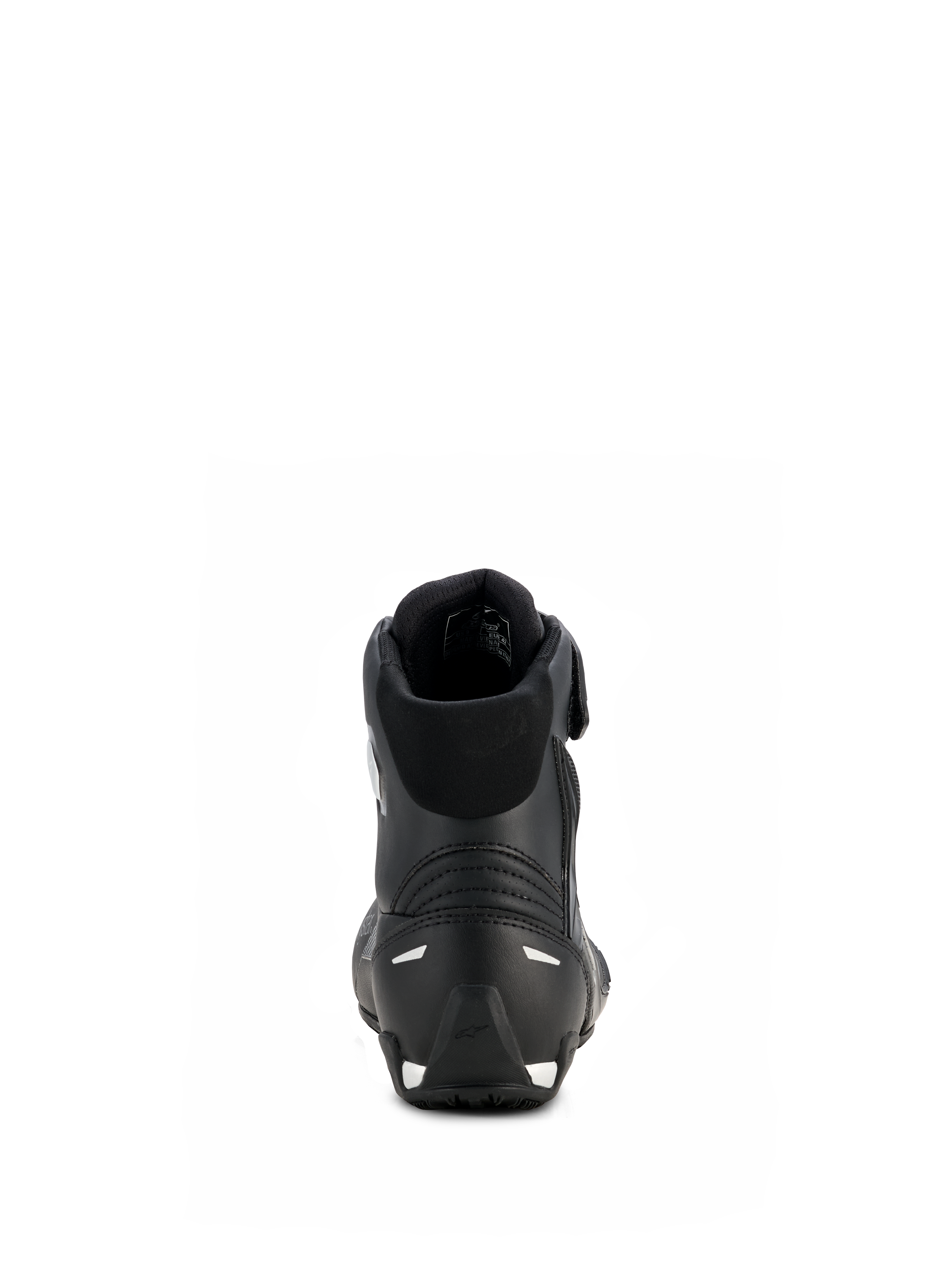 Alpinestars Stella Faster-4 Drystar® sko til damer, sort og sølv, set bagfra med forstærket hæl og sølvdetaljer, polstret krave, vandtæt mikrofiberdesign