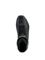Alpinestars Stella Faster-4 Drystar® sko til kvinder, motorcykelsko til damer, sort og sølv, set fra oven med snørelukning, velcro-ankelrem og vandtæt mikrofiberkonstruktion