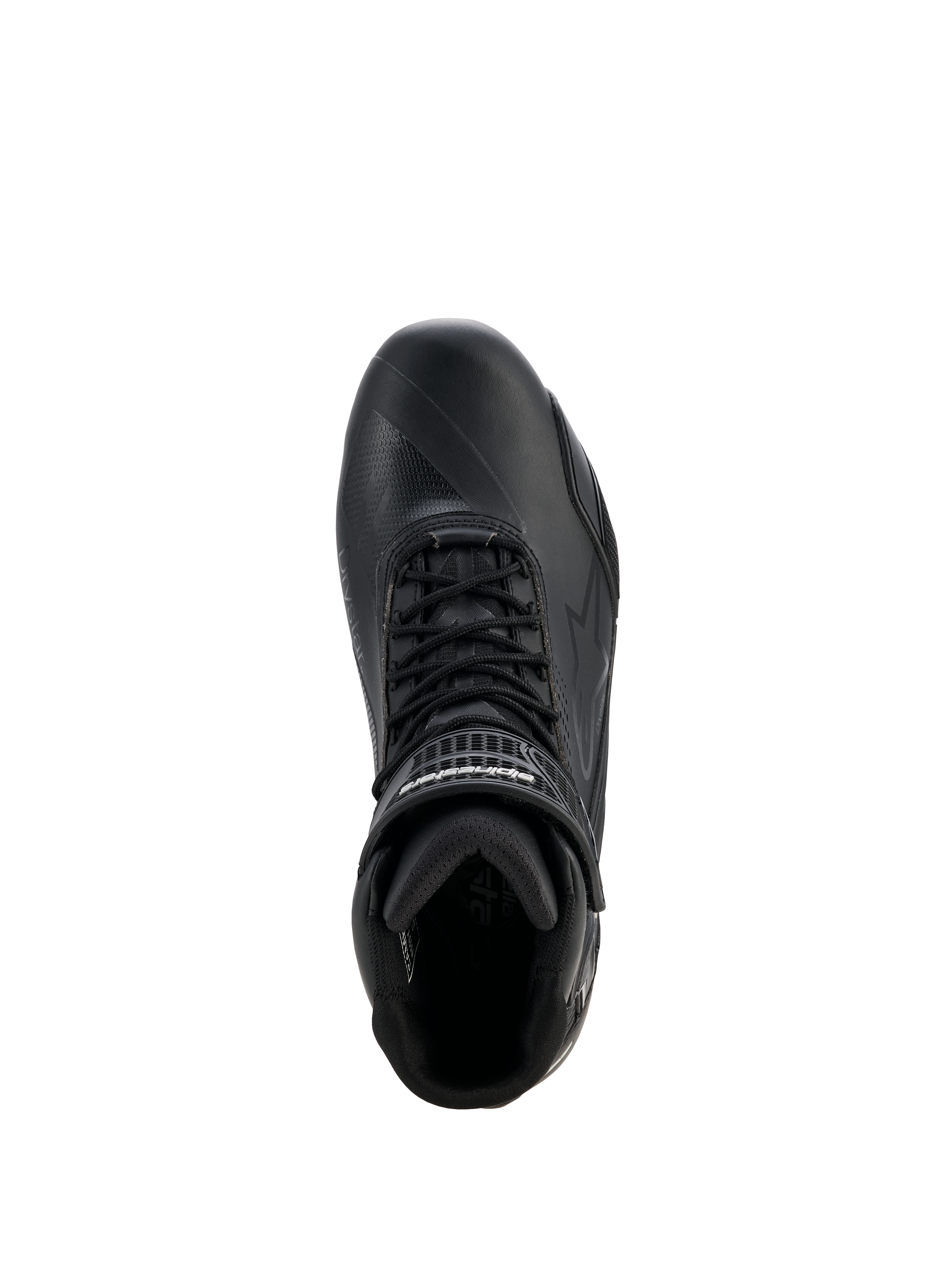 Alpinestars Stella Faster-4 Drystar® sko til kvinder, motorcykelsko til damer, sort og sølv, set fra oven med snørelukning, velcro-ankelrem og vandtæt mikrofiberkonstruktion