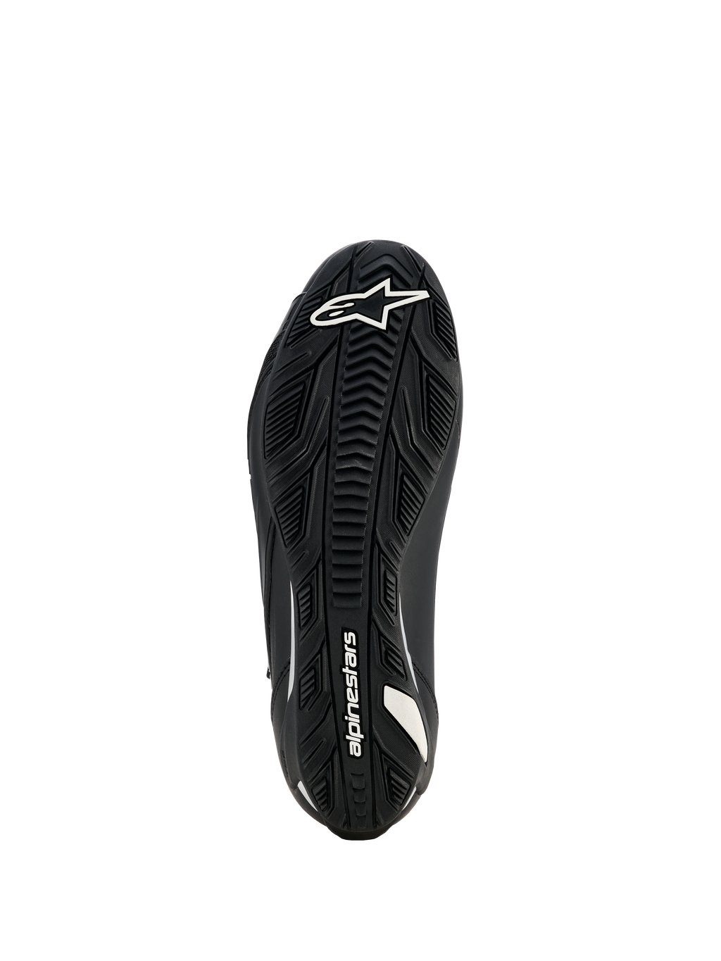 Alpinestars Stella Faster-4 Drystar sko til kvinder, motorcykelsko, sort, visning af sålen med tekstureret gummiydersål, hvidt Alpinestars-logo og branding, designet til overlegent greb og holdbarhed