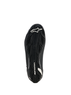Alpinestars Stella Faster-4 Drystar sko til kvinder, motorcykelsko, sort, visning af sålen med tekstureret gummiydersål, hvidt Alpinestars-logo og branding, designet til overlegent greb og holdbarhed